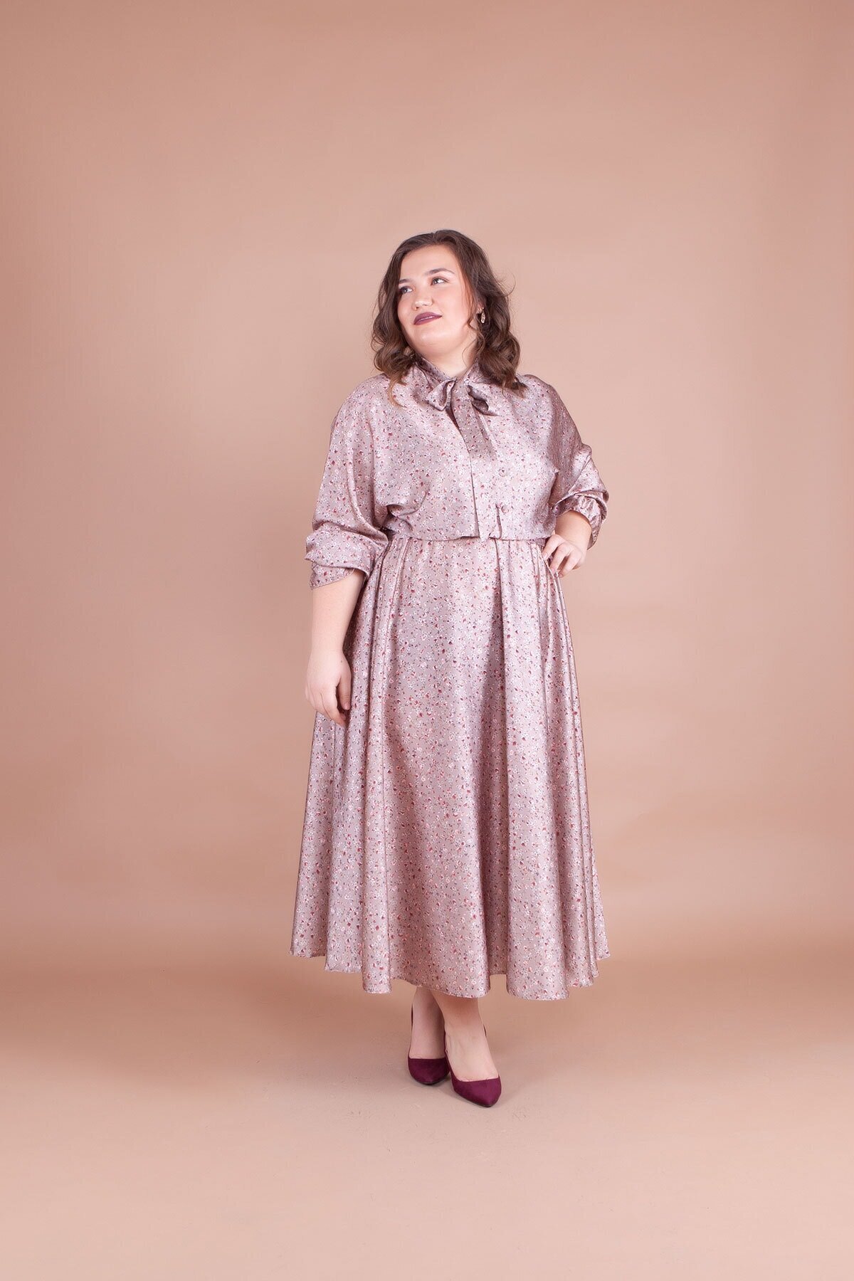 Batwing Sleeve Floral Print Satin Modest Evening Dress - Beige - Bidoluelbise