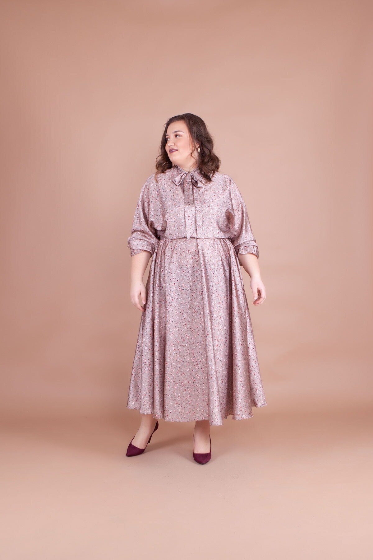 Batwing Sleeve Floral Print Satin Modest Evening Dress - Beige - Bidoluelbise
