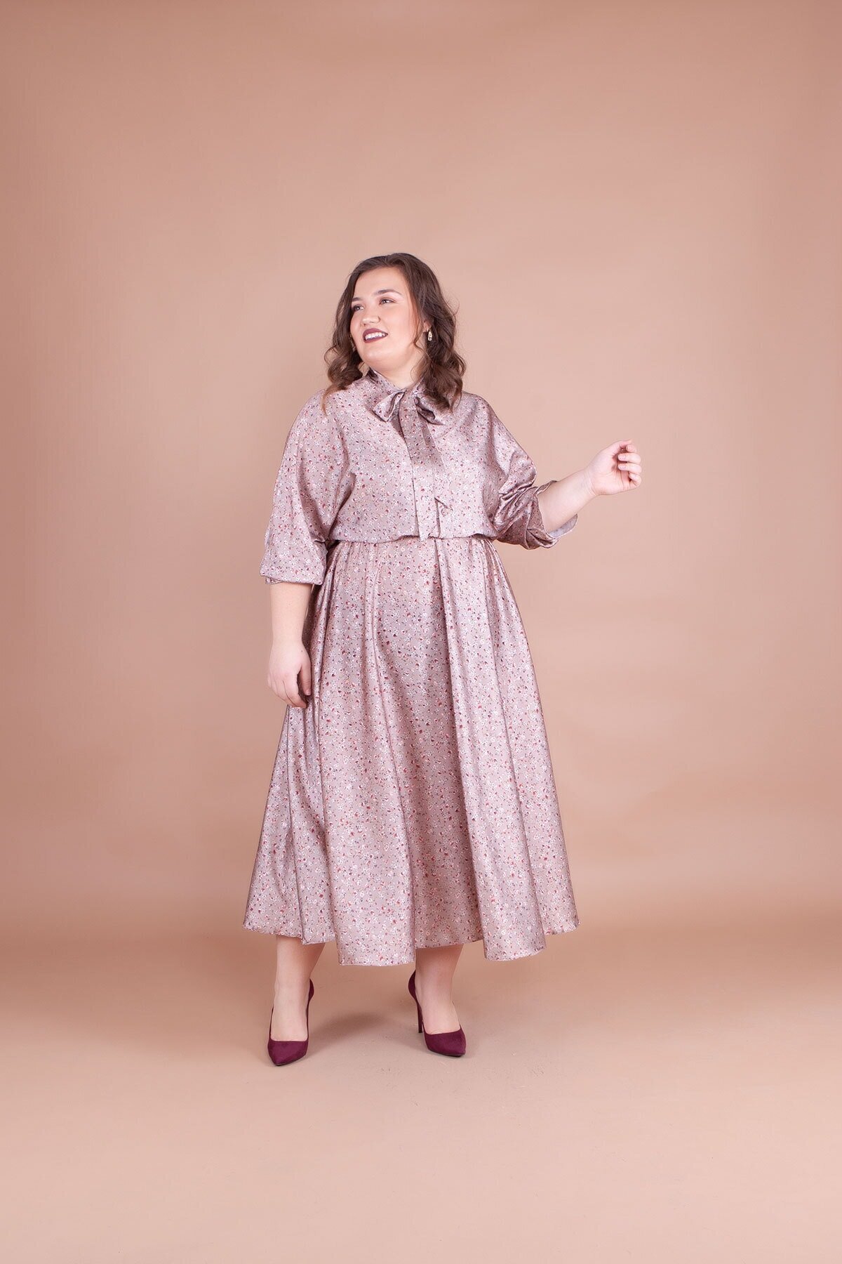 Batwing Sleeve Floral Print Satin Modest Evening Dress - Beige - Bidoluelbise