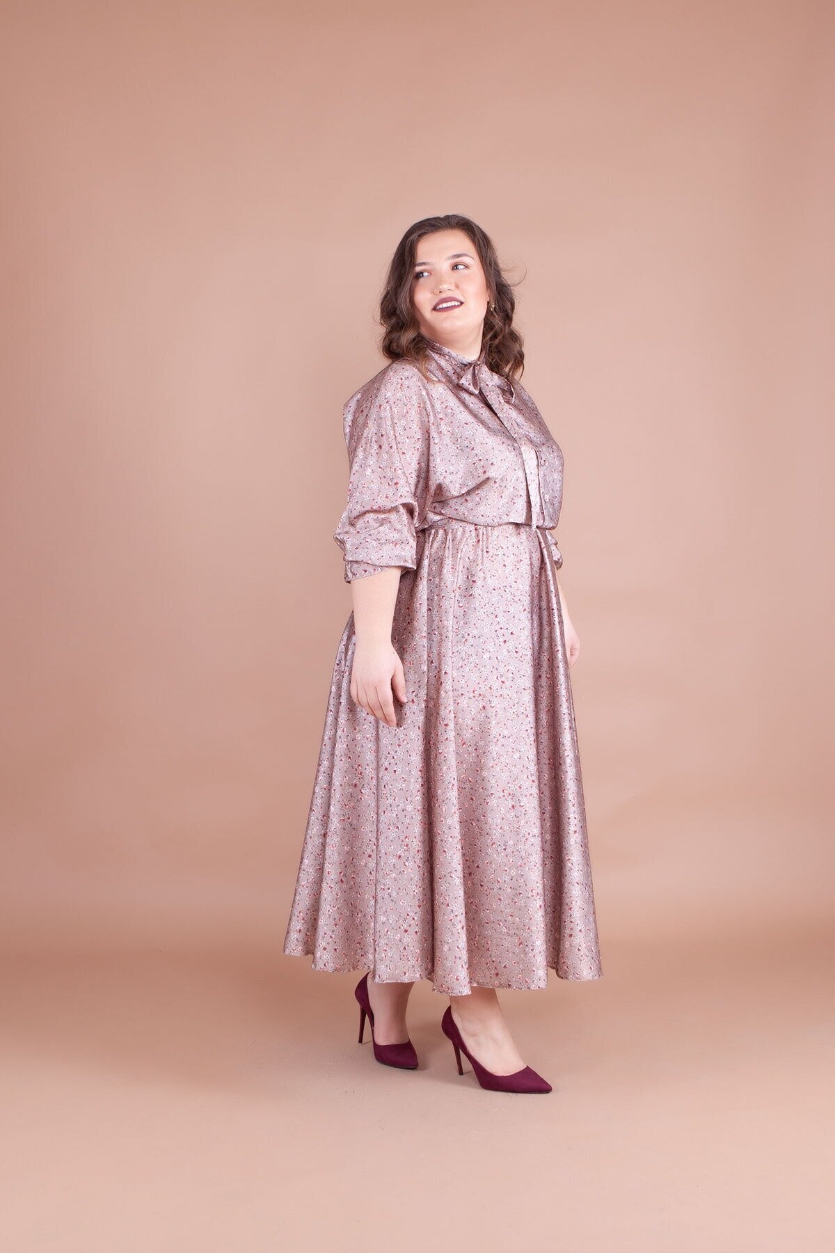 Batwing Sleeve Floral Print Satin Modest Evening Dress - Beige - Bidoluelbise