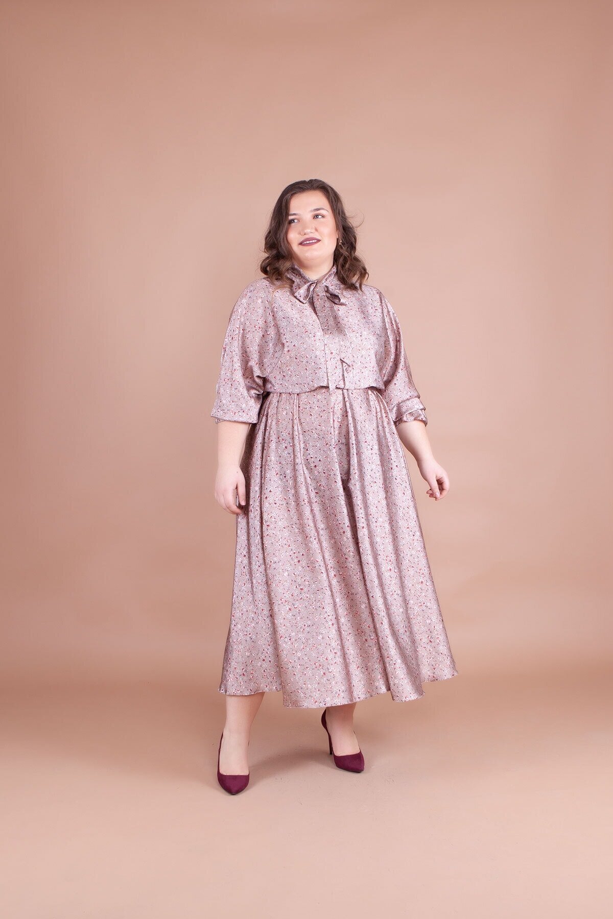 Batwing Sleeve Floral Print Satin Modest Evening Dress - Beige - Bidoluelbise