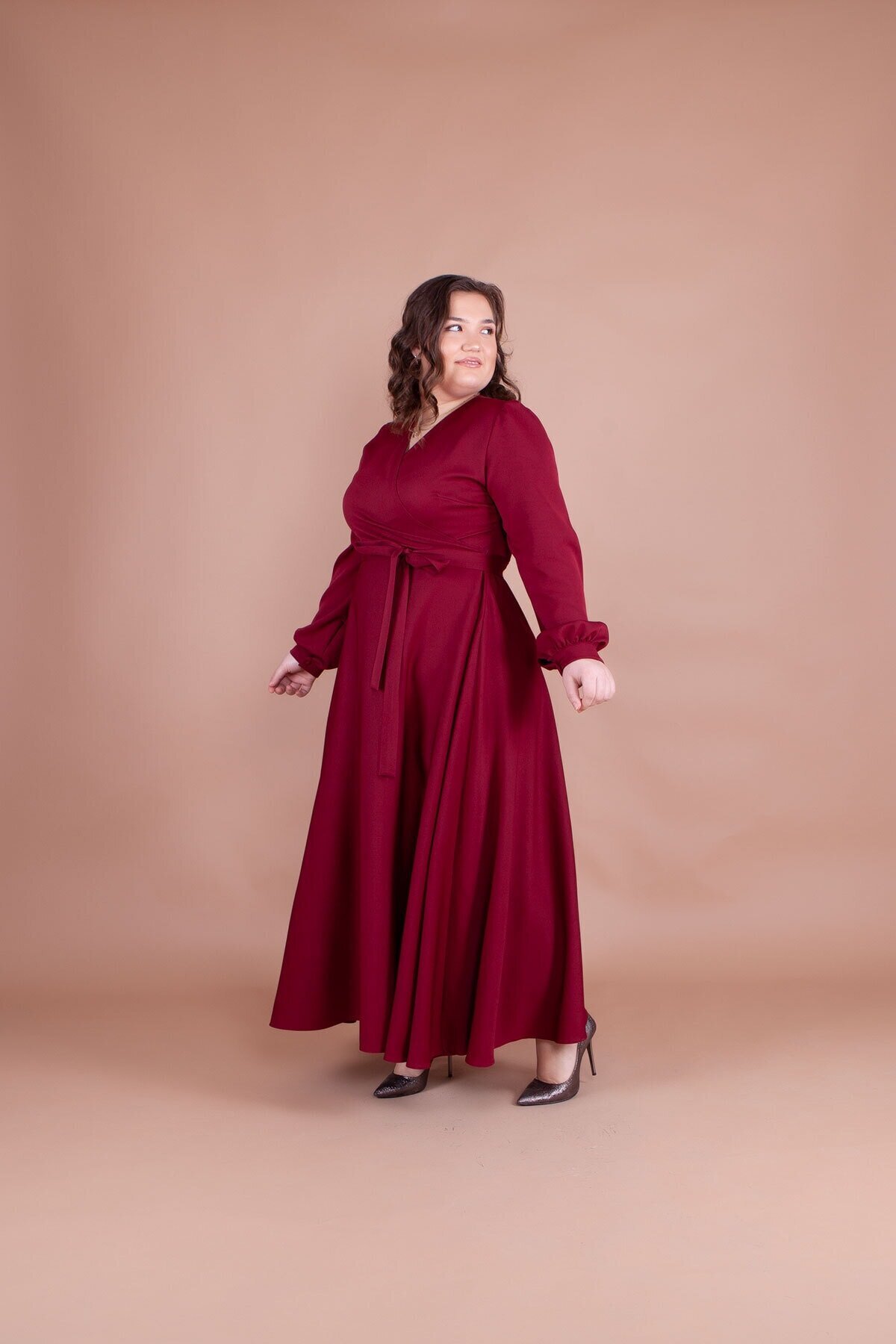 Plus Size Modest Evening Dress - Burgundy - Bidoluelbise