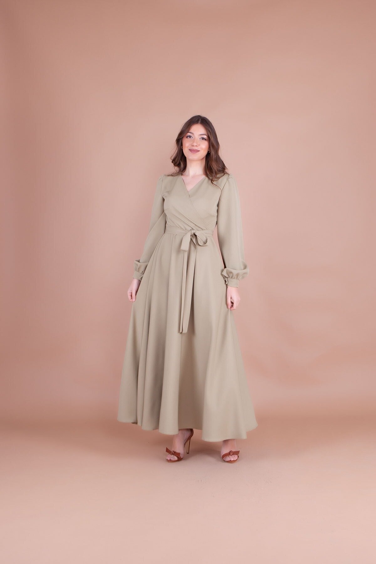 Soft Wrap Neck Belted Modest Evening Dress - Pistachio Green - Bidoluelbise