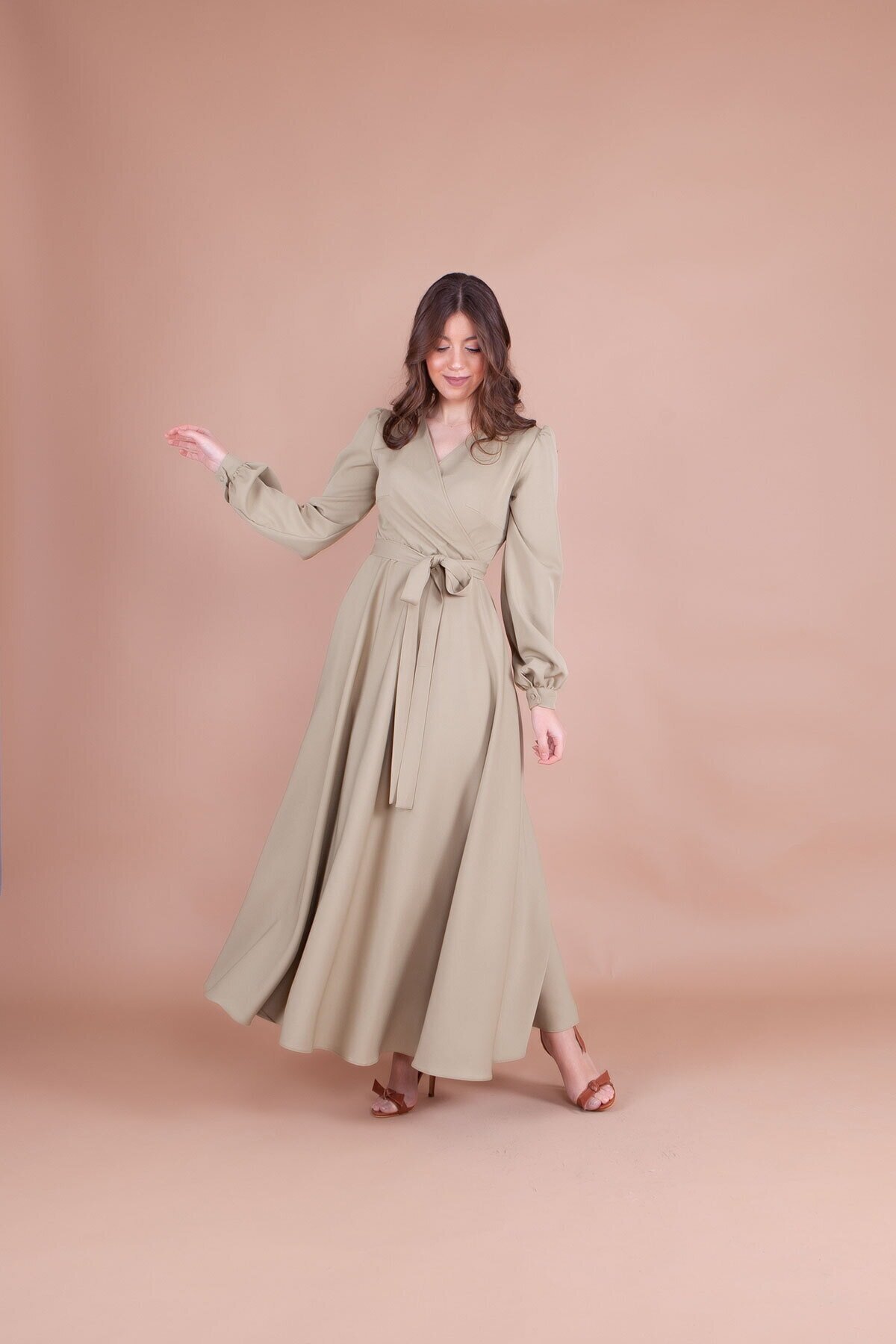 Soft Wrap Neck Belted Modest Evening Dress - Pistachio Green - Bidoluelbise