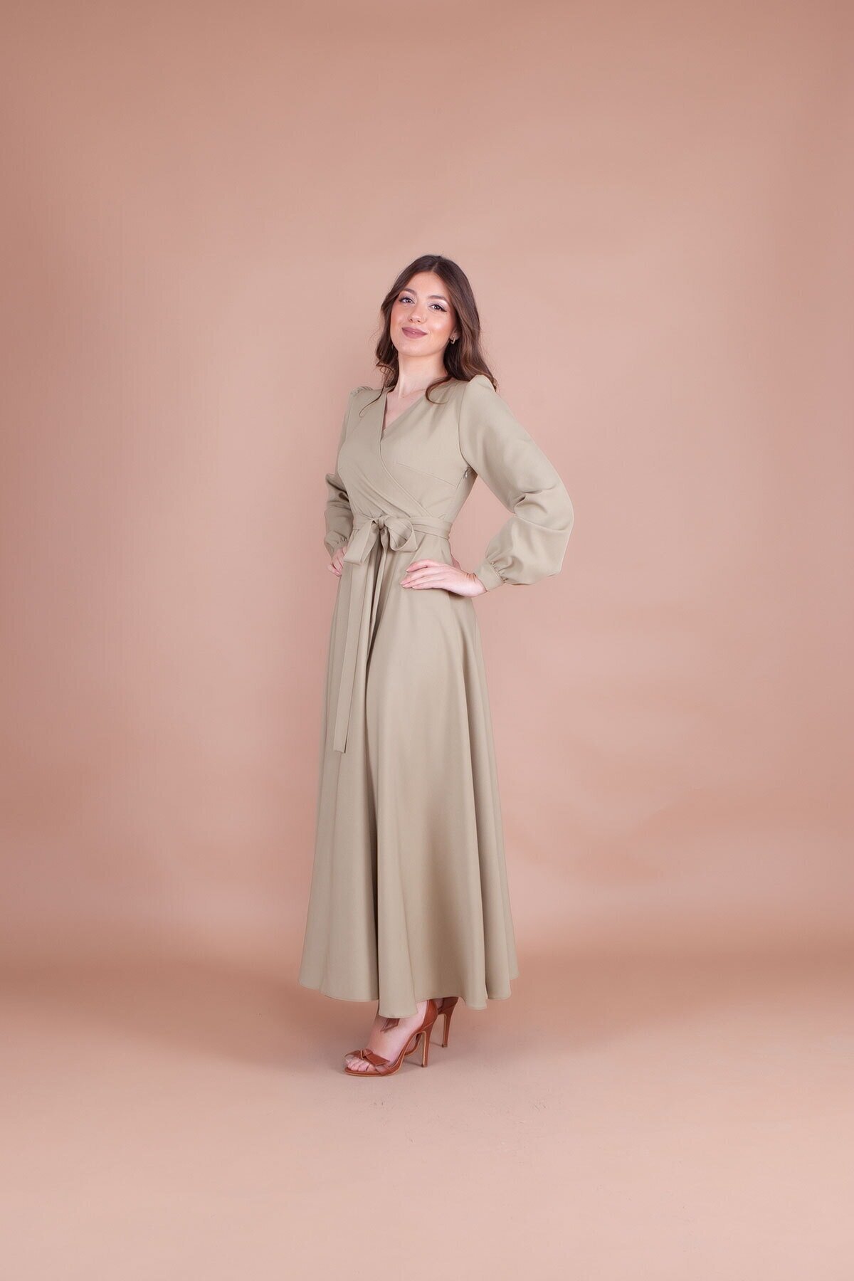 Soft Wrap Neck Belted Modest Evening Dress - Pistachio Green - Bidoluelbise