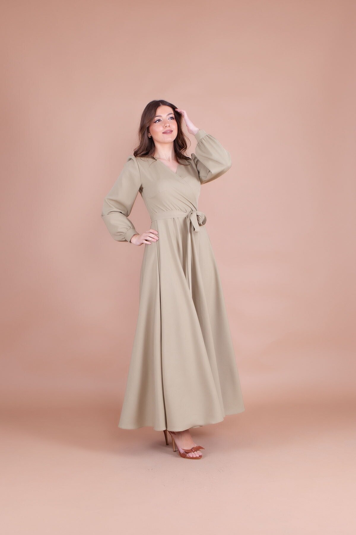 Soft Wrap Neck Belted Modest Evening Dress - Pistachio Green - Bidoluelbise