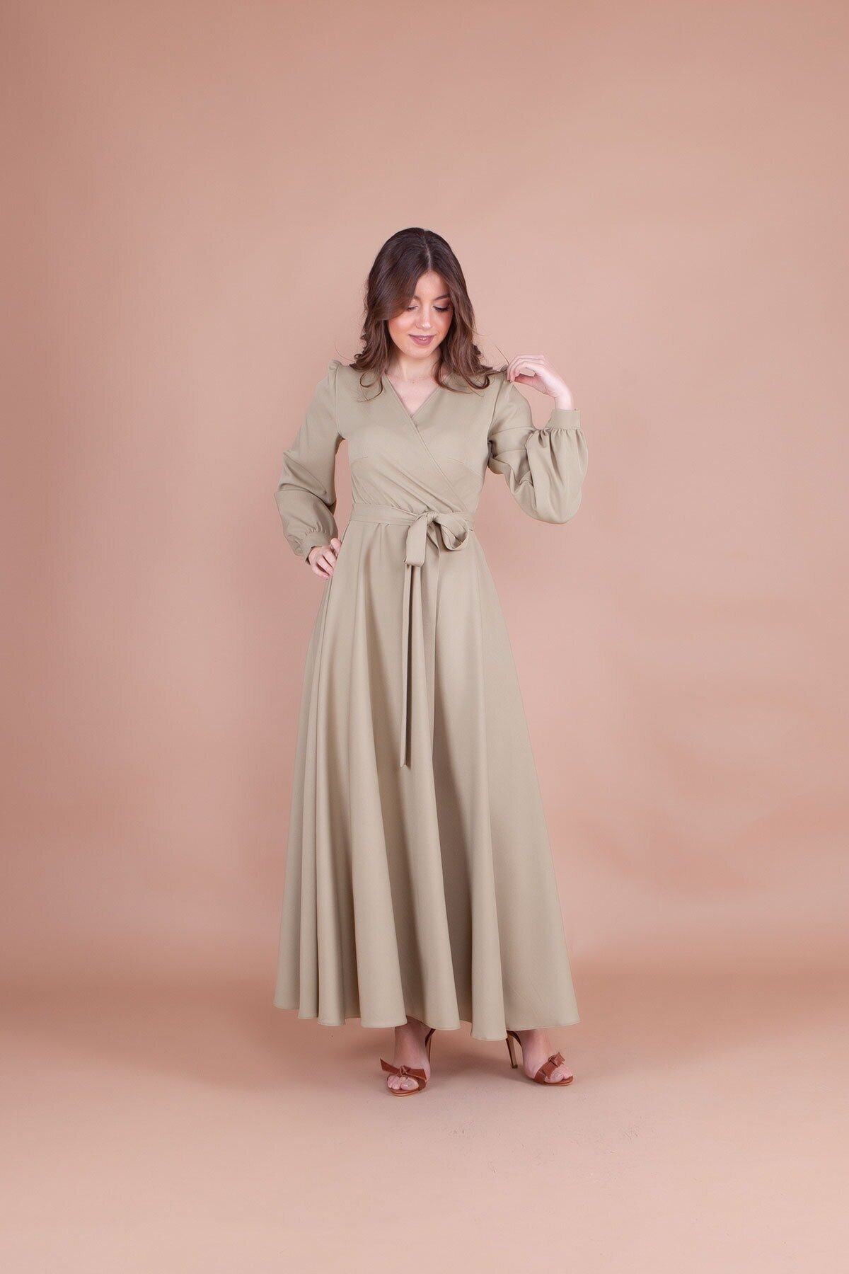 Soft Wrap Neck Belted Modest Evening Dress - Pistachio Green - Bidoluelbise