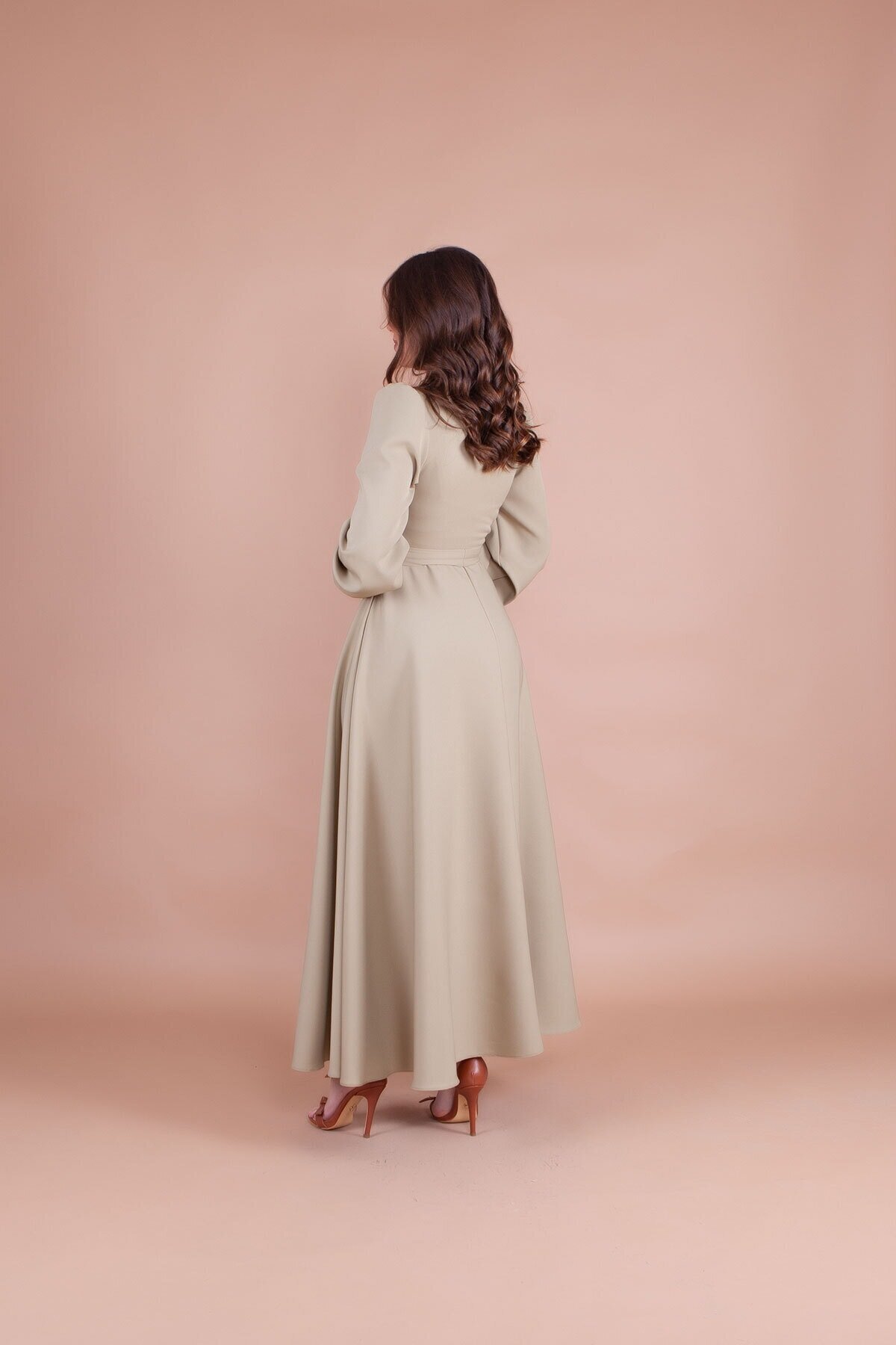 Soft Wrap Neck Belted Modest Evening Dress - Pistachio Green - Bidoluelbise