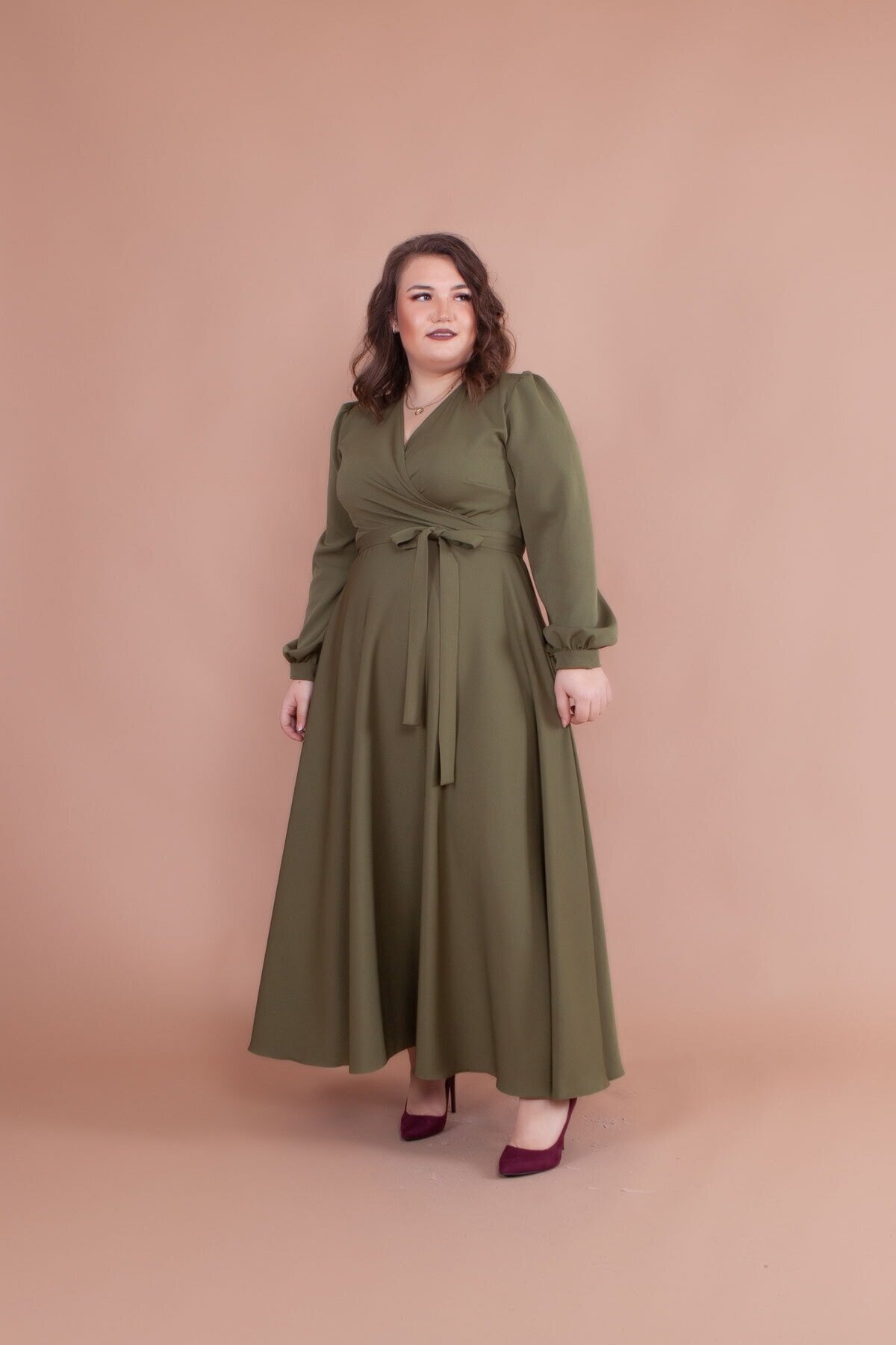 فستان سهرة محتشم مقاس كبير زيتوني - Bidoluelbise
