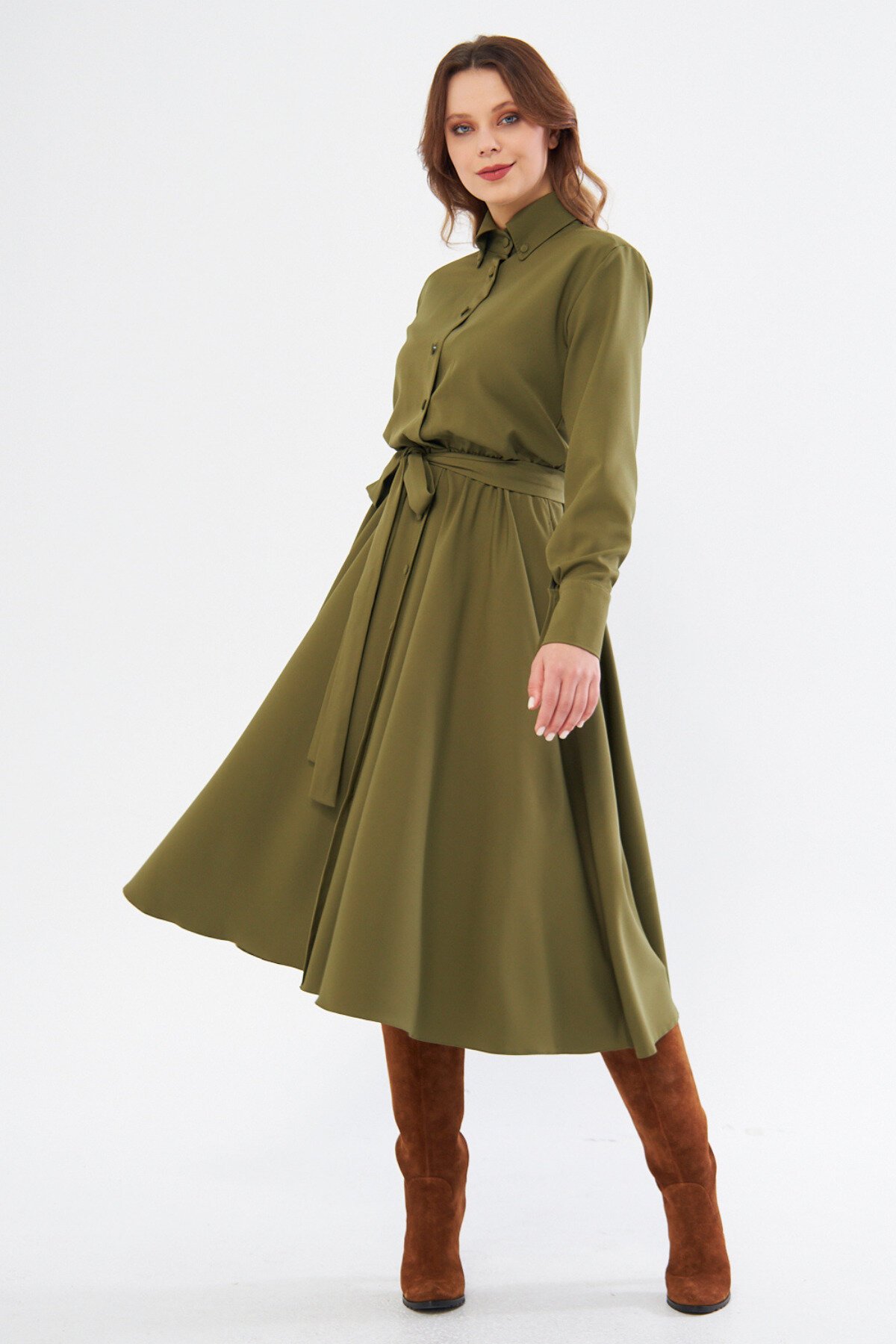 Long Sleeve Elasticated Waist Belted Pocketed Shirt Dress - Khaki - Bidoluelbise
