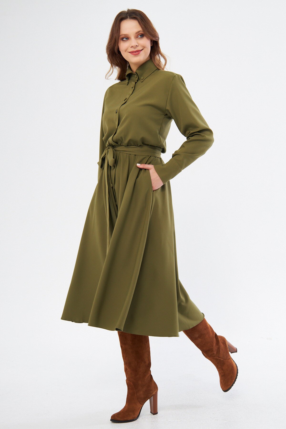 Long Sleeve Elasticated Waist Belted Pocketed Shirt Dress - Khaki - Bidoluelbise