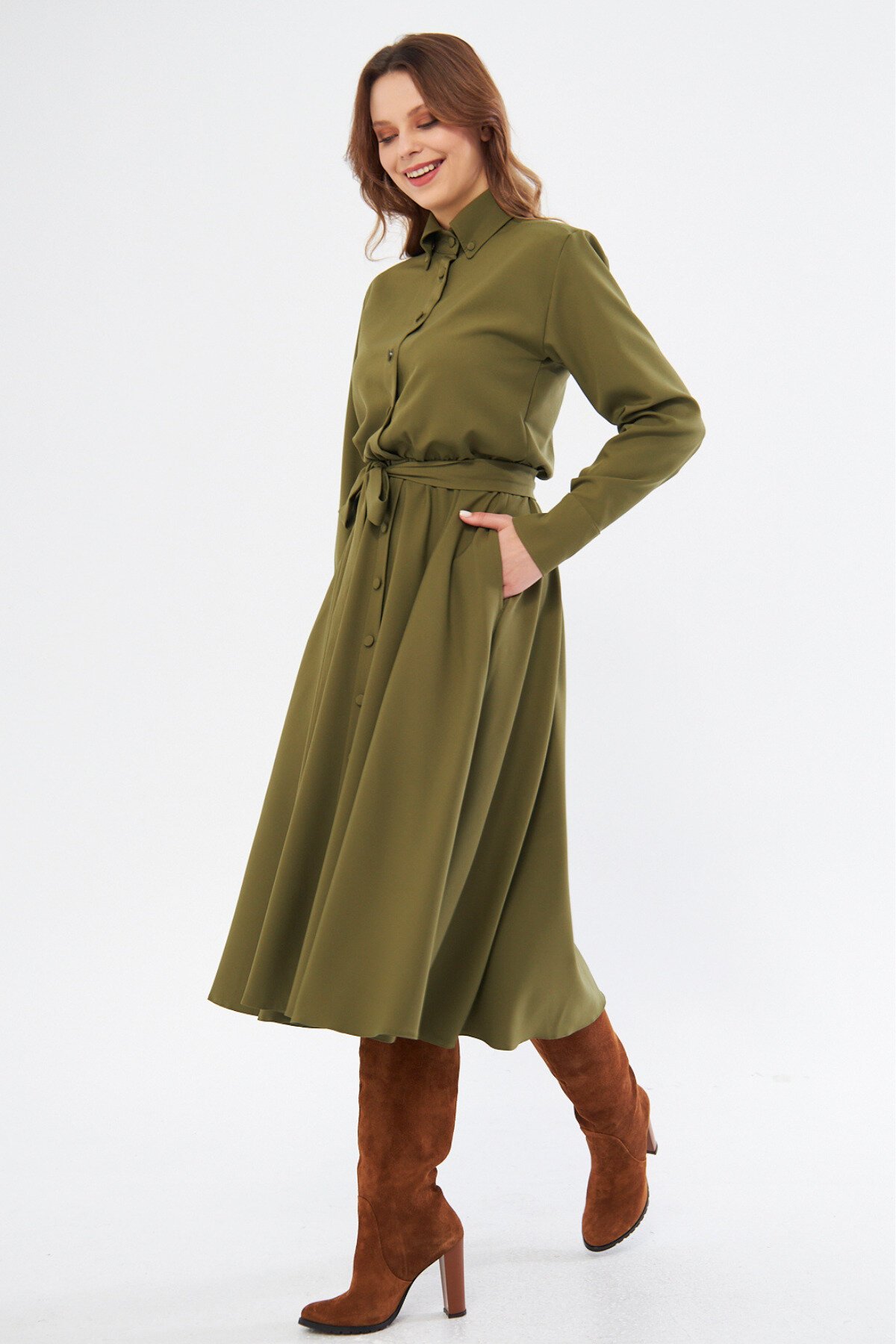 Long Sleeve Elasticated Waist Belted Pocketed Shirt Dress - Khaki - Bidoluelbise