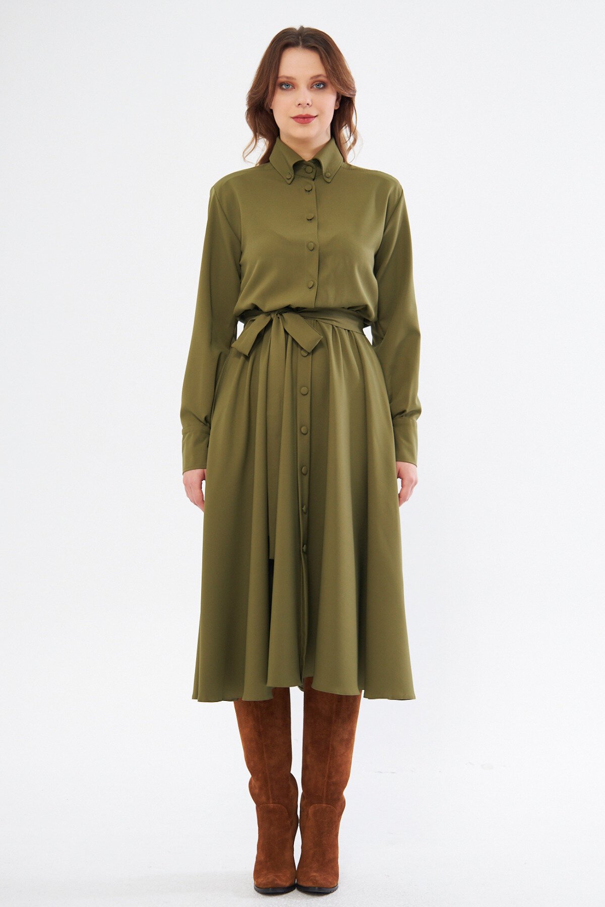 Long Sleeve Elasticated Waist Belted Pocketed Shirt Dress - Khaki - Bidoluelbise