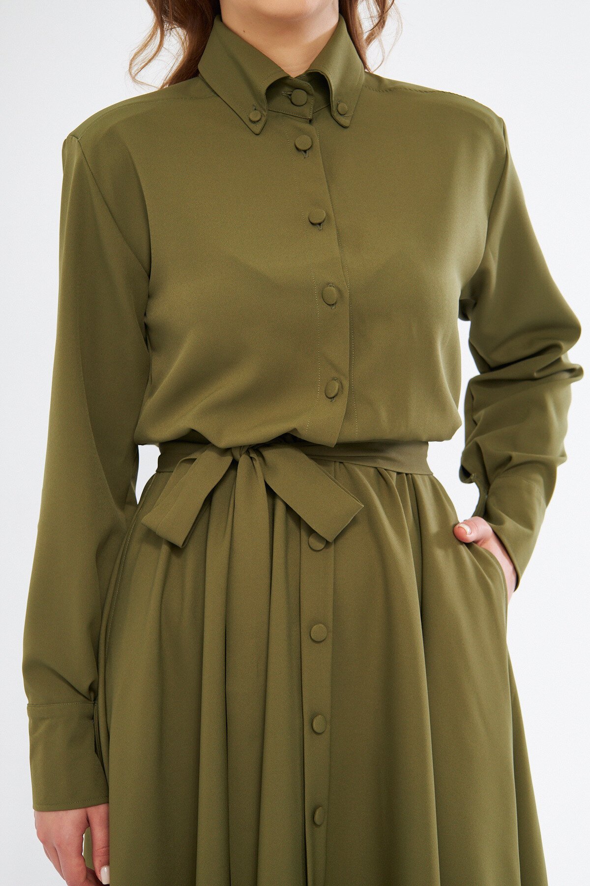 Long Sleeve Elasticated Waist Belted Pocketed Shirt Dress - Khaki - Bidoluelbise