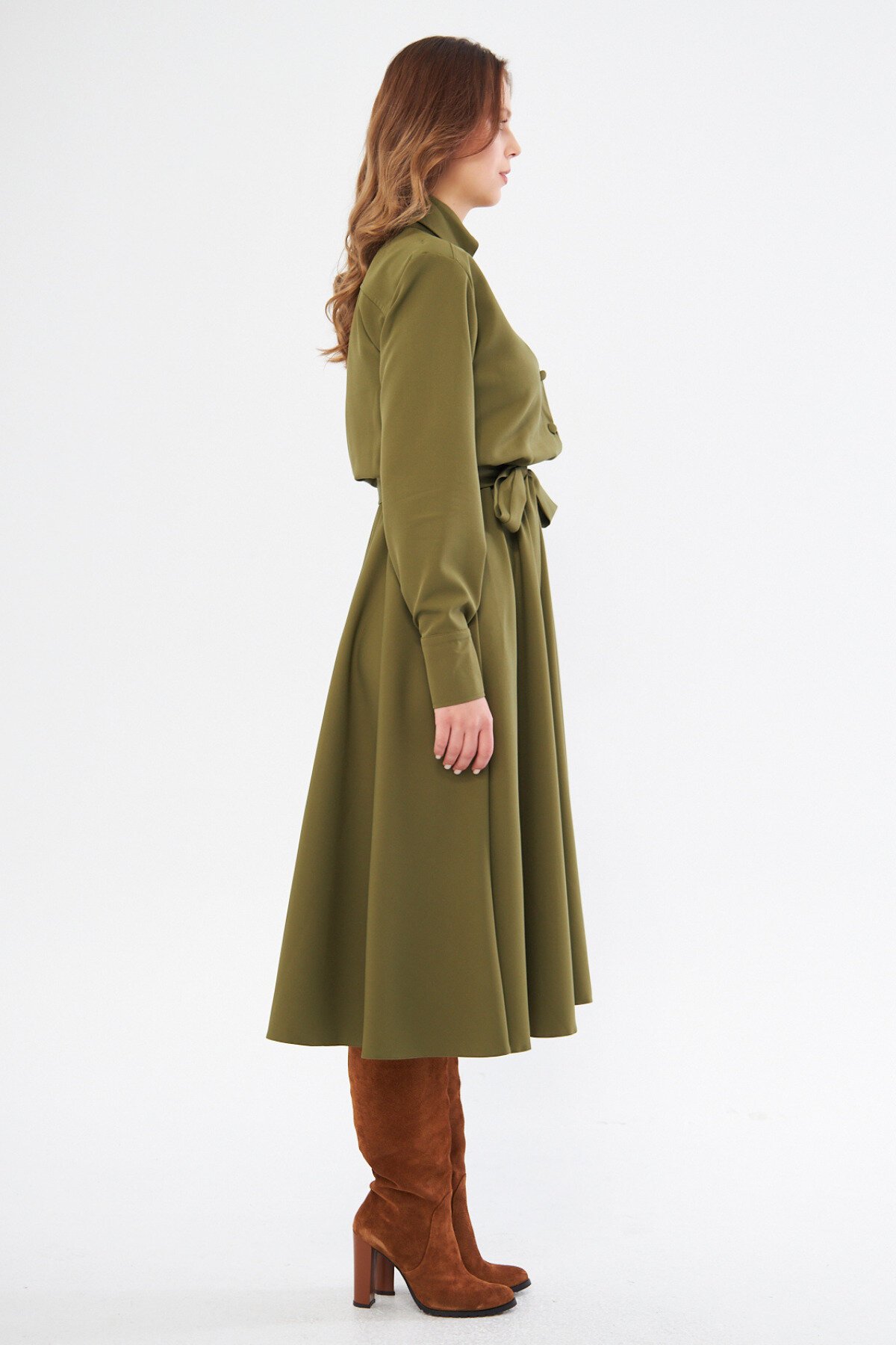 Long Sleeve Elasticated Waist Belted Pocketed Shirt Dress - Khaki - Bidoluelbise