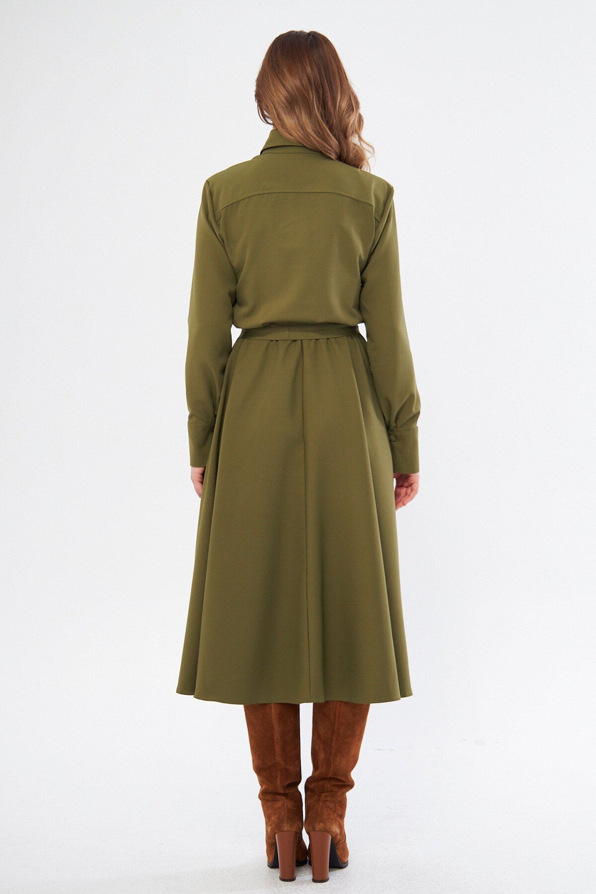 Long Sleeve Elasticated Waist Belted Pocketed Shirt Dress - Khaki - Bidoluelbise