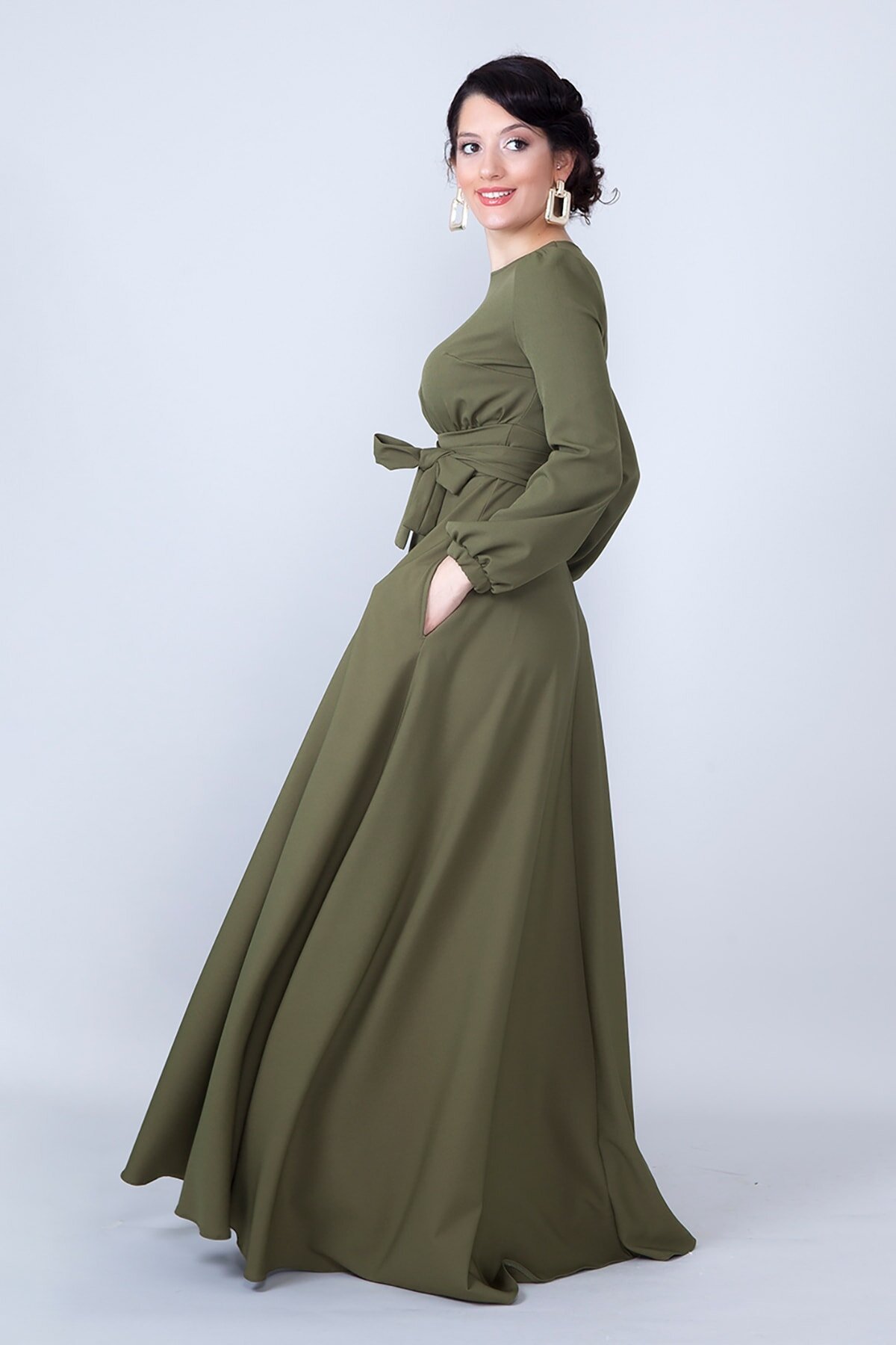 Long Sleeve Woven Belted Gathered Waist Modest Evening Dress - Khaki - Bidoluelbise