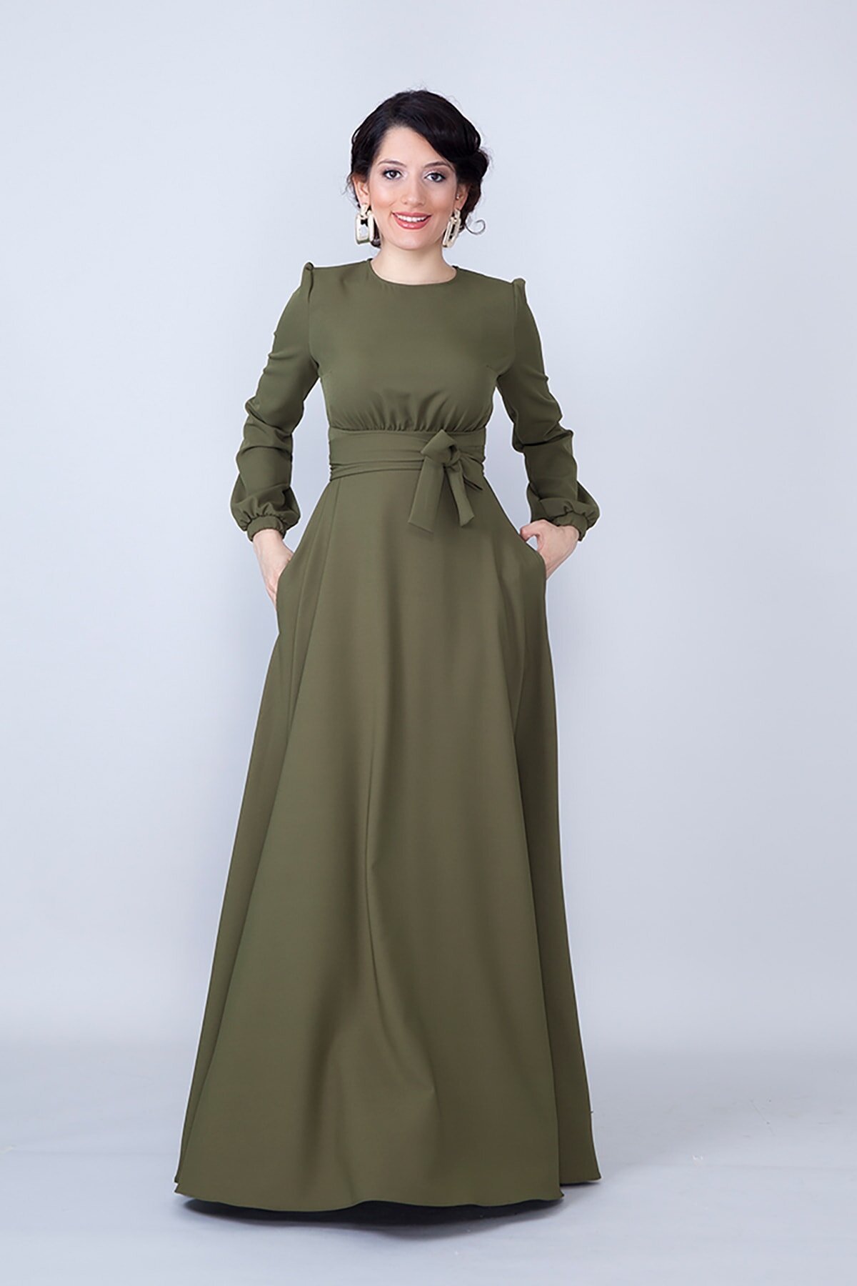 Long Sleeve Woven Belted Gathered Waist Modest Evening Dress - Khaki - Bidoluelbise