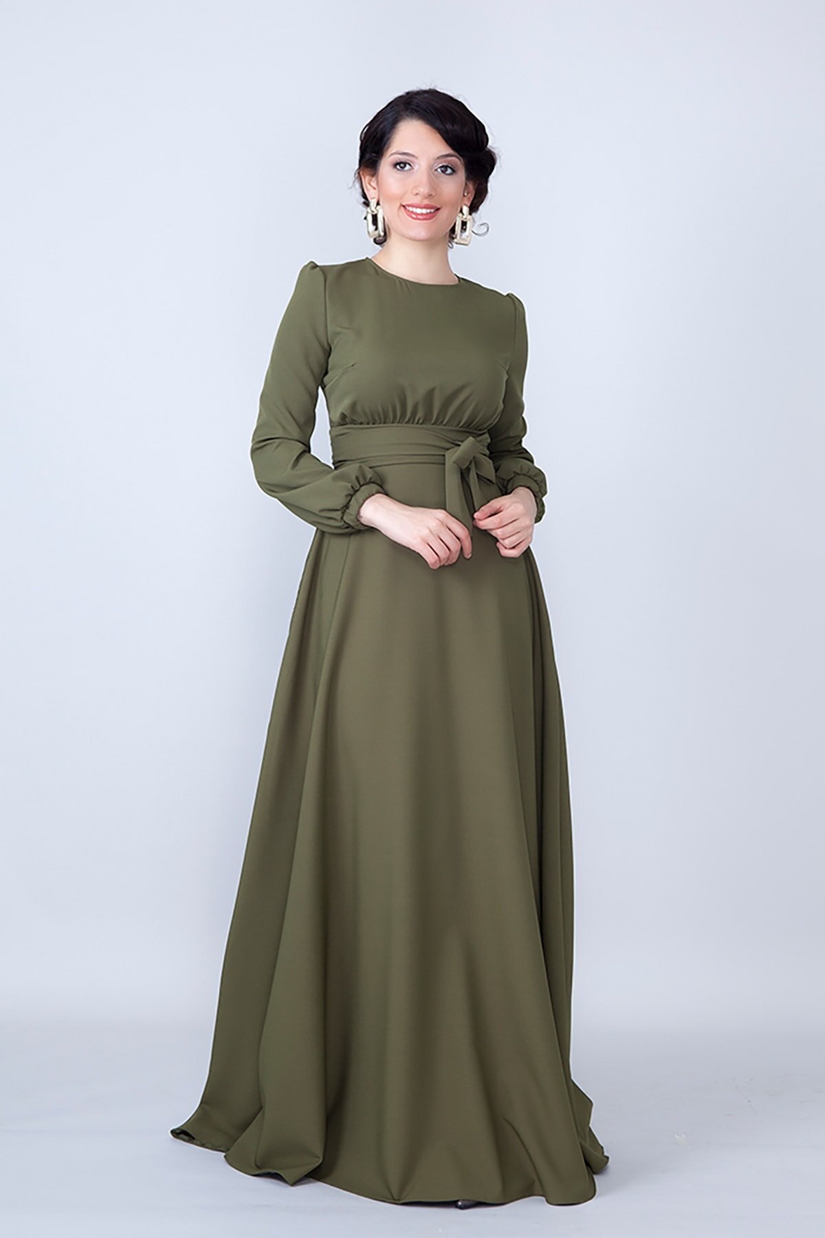 Long Sleeve Woven Belted Gathered Waist Modest Evening Dress - Khaki - Bidoluelbise