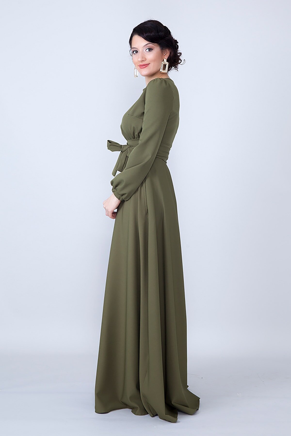 Long Sleeve Woven Belted Gathered Waist Modest Evening Dress - Khaki - Bidoluelbise