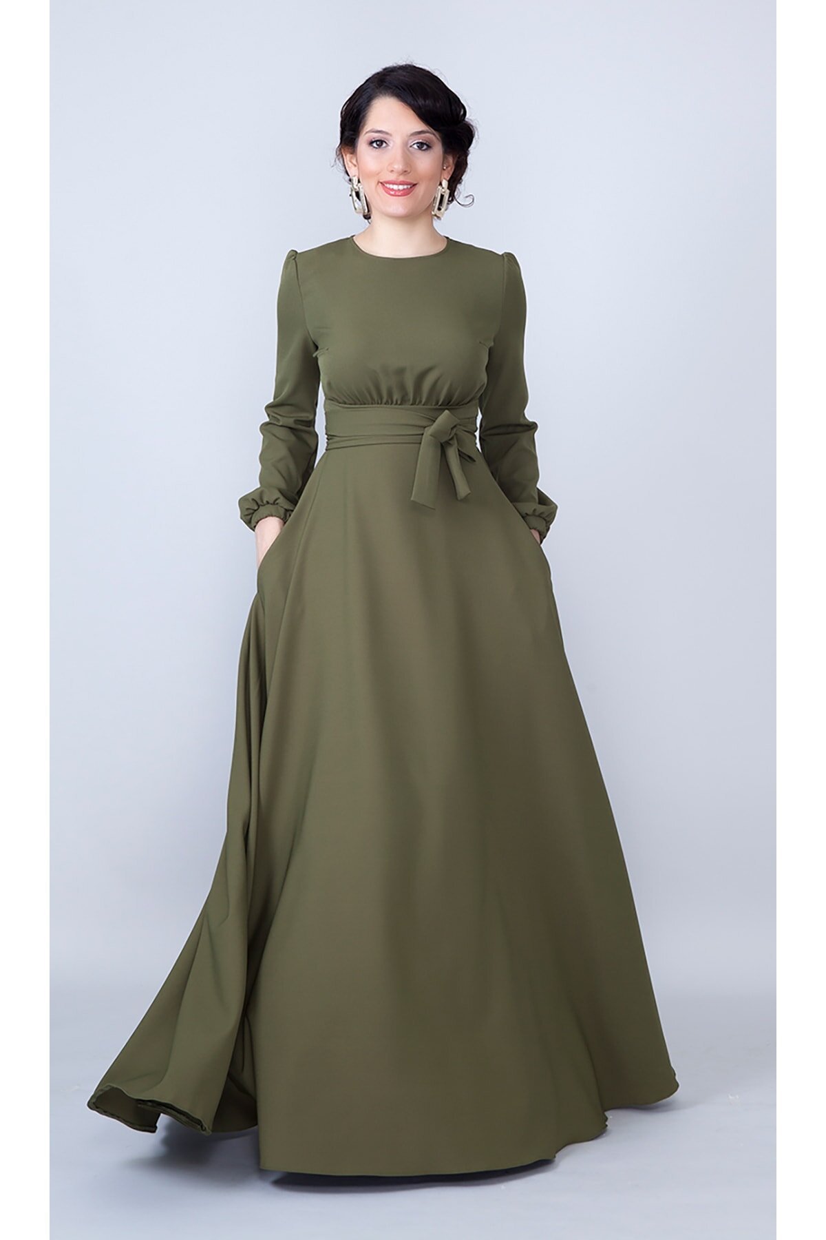 Long Sleeve Woven Belted Gathered Waist Modest Evening Dress - Khaki - Bidoluelbise
