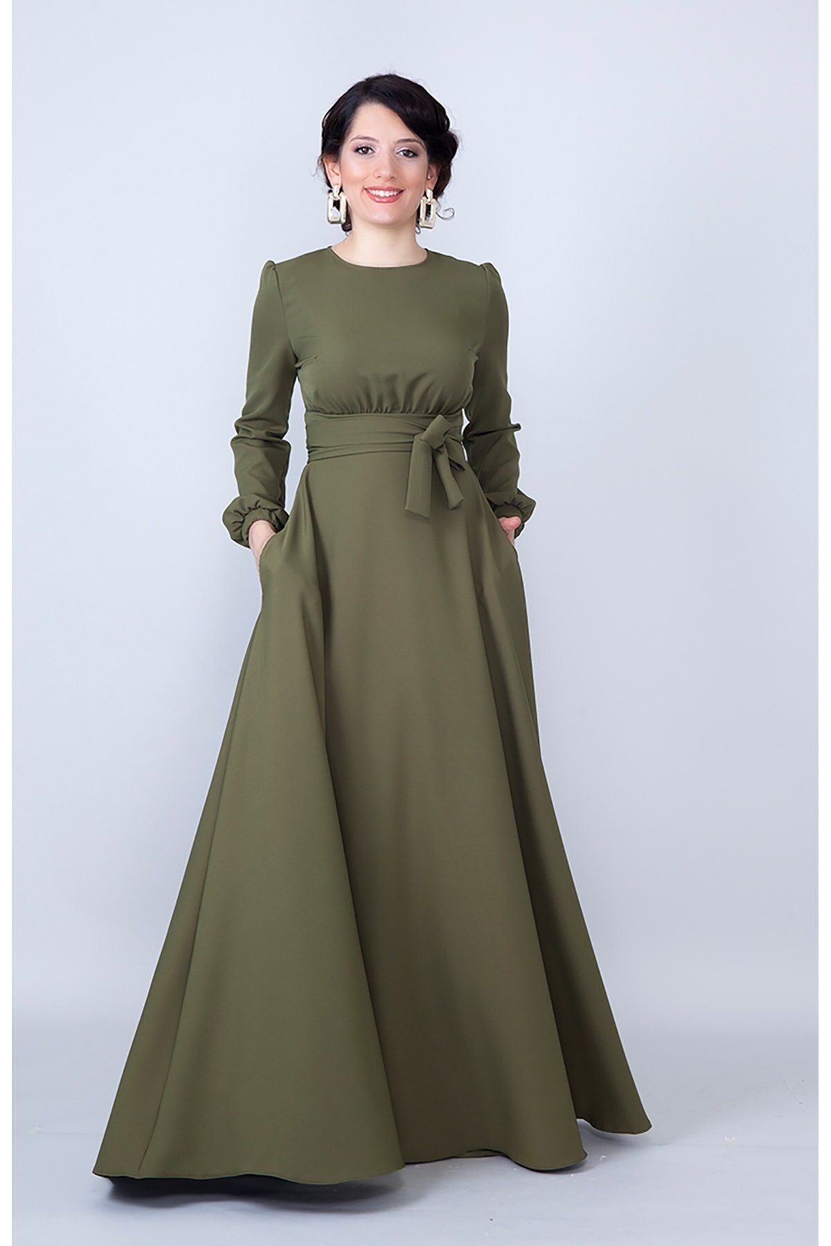 Long Sleeve Woven Belted Gathered Waist Modest Evening Dress - Khaki - Bidoluelbise
