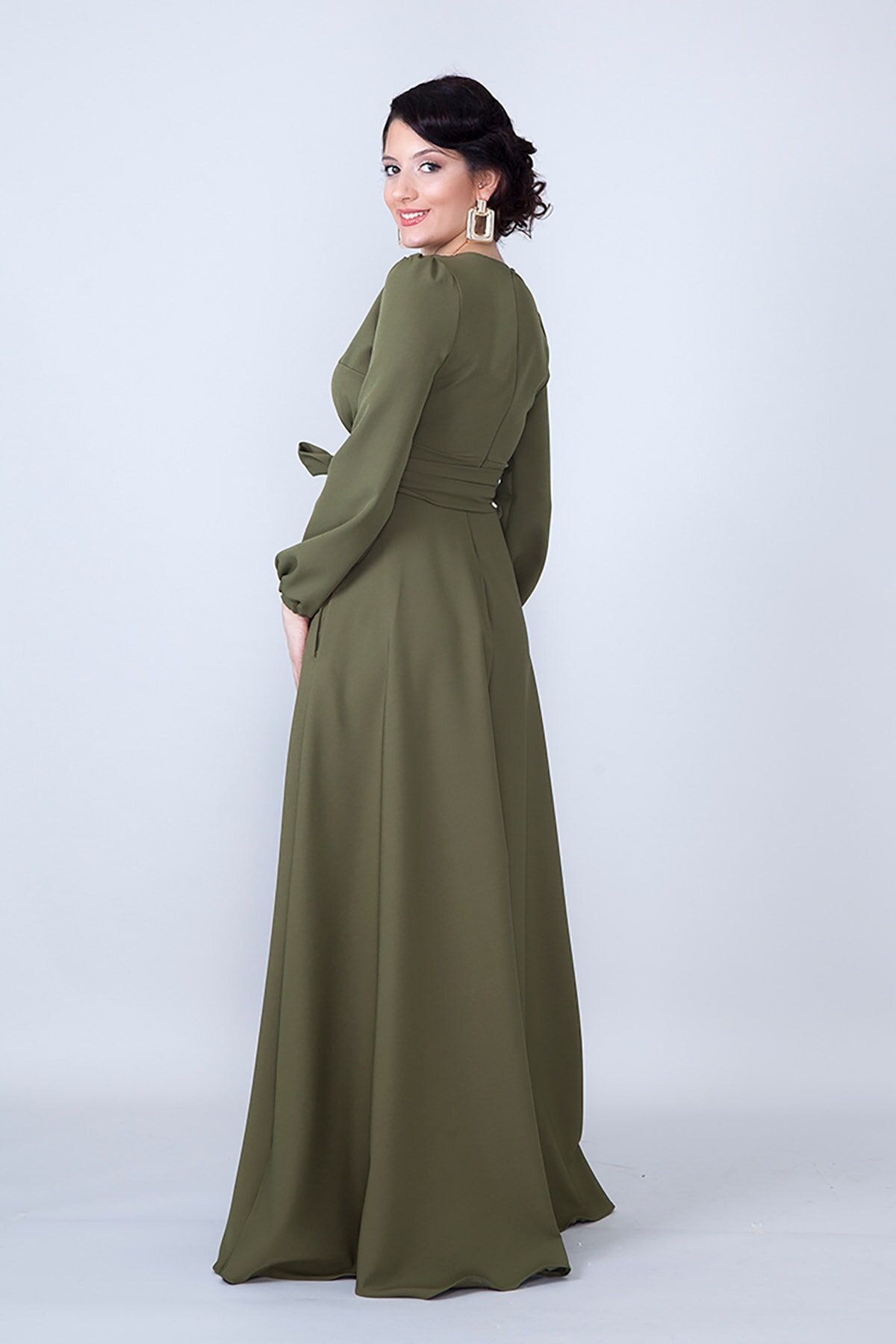 Long Sleeve Woven Belted Gathered Waist Modest Evening Dress - Khaki - Bidoluelbise