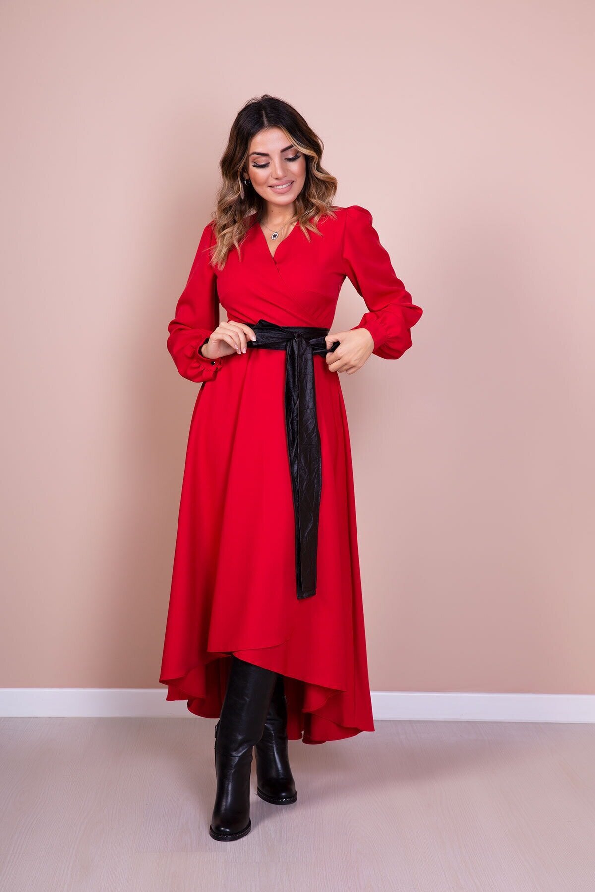 Long Sleeve Asymmetric Cut Leather Belted Modest Dress - Red - Bidoluelbise