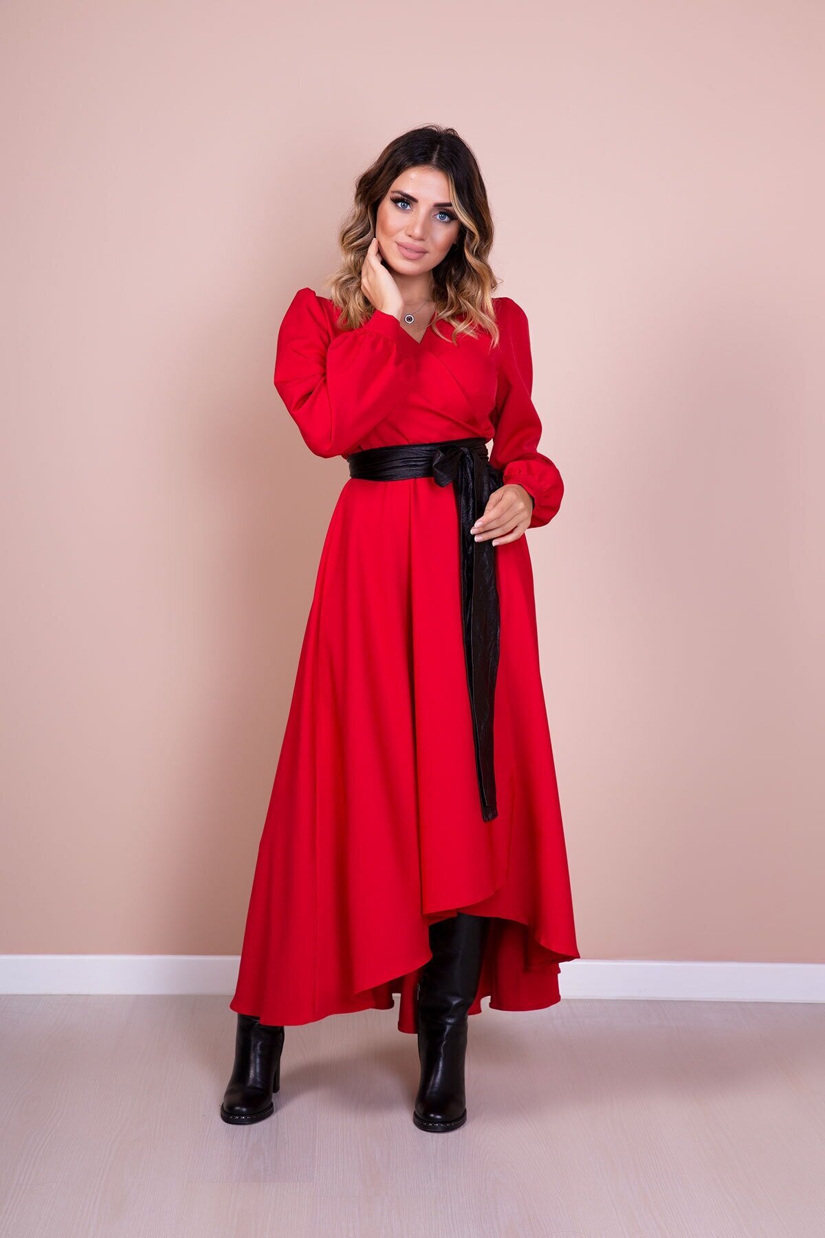 Long Sleeve Asymmetric Cut Leather Belted Modest Dress - Red - Bidoluelbise
