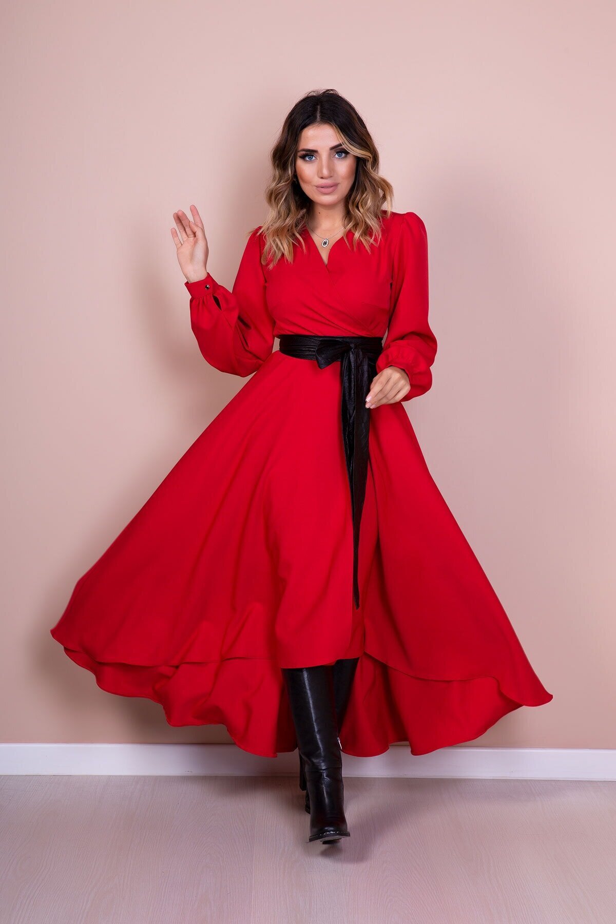 Long Sleeve Asymmetric Cut Leather Belted Modest Dress - Red - Bidoluelbise