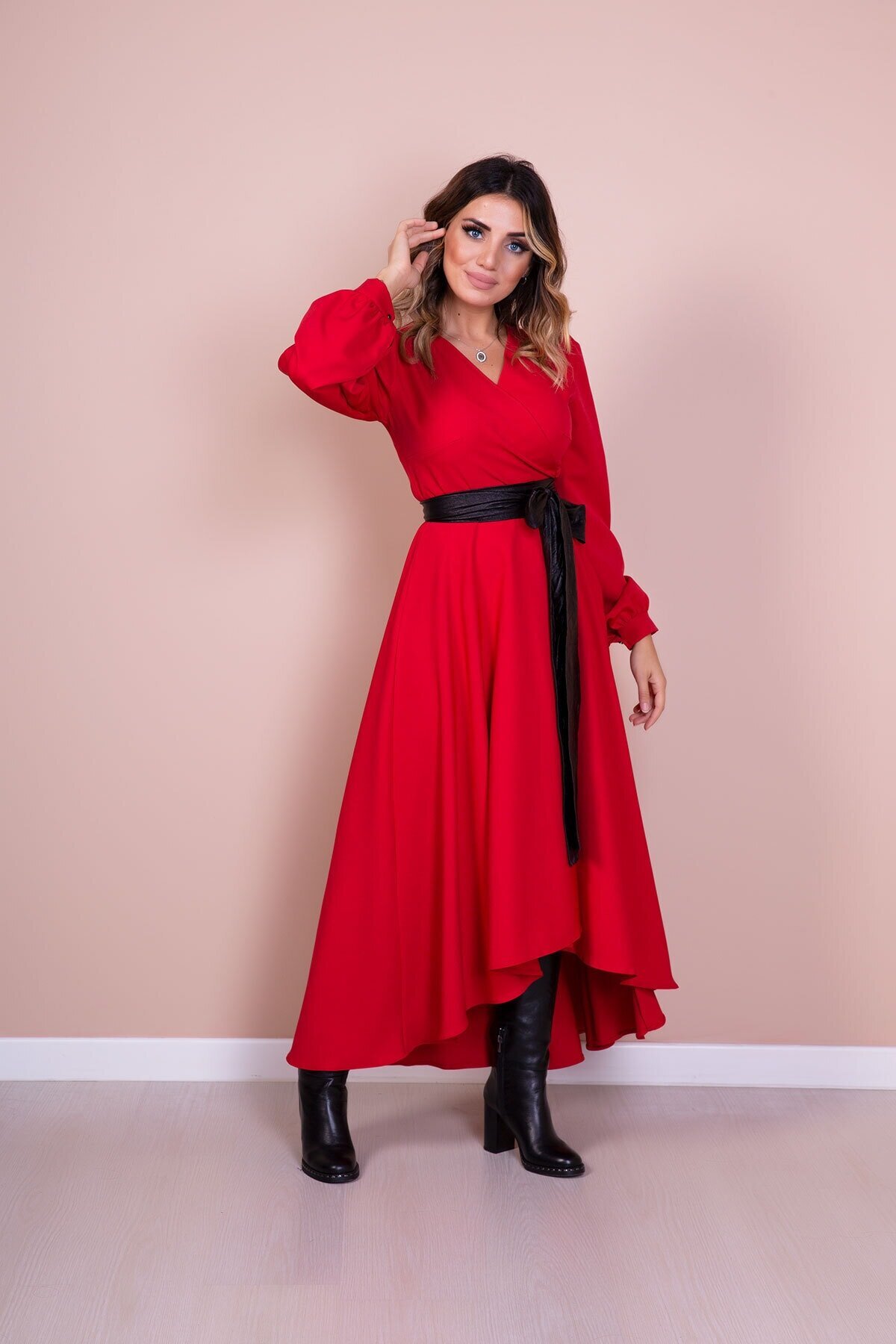 Long Sleeve Asymmetric Cut Leather Belted Modest Dress - Red - Bidoluelbise