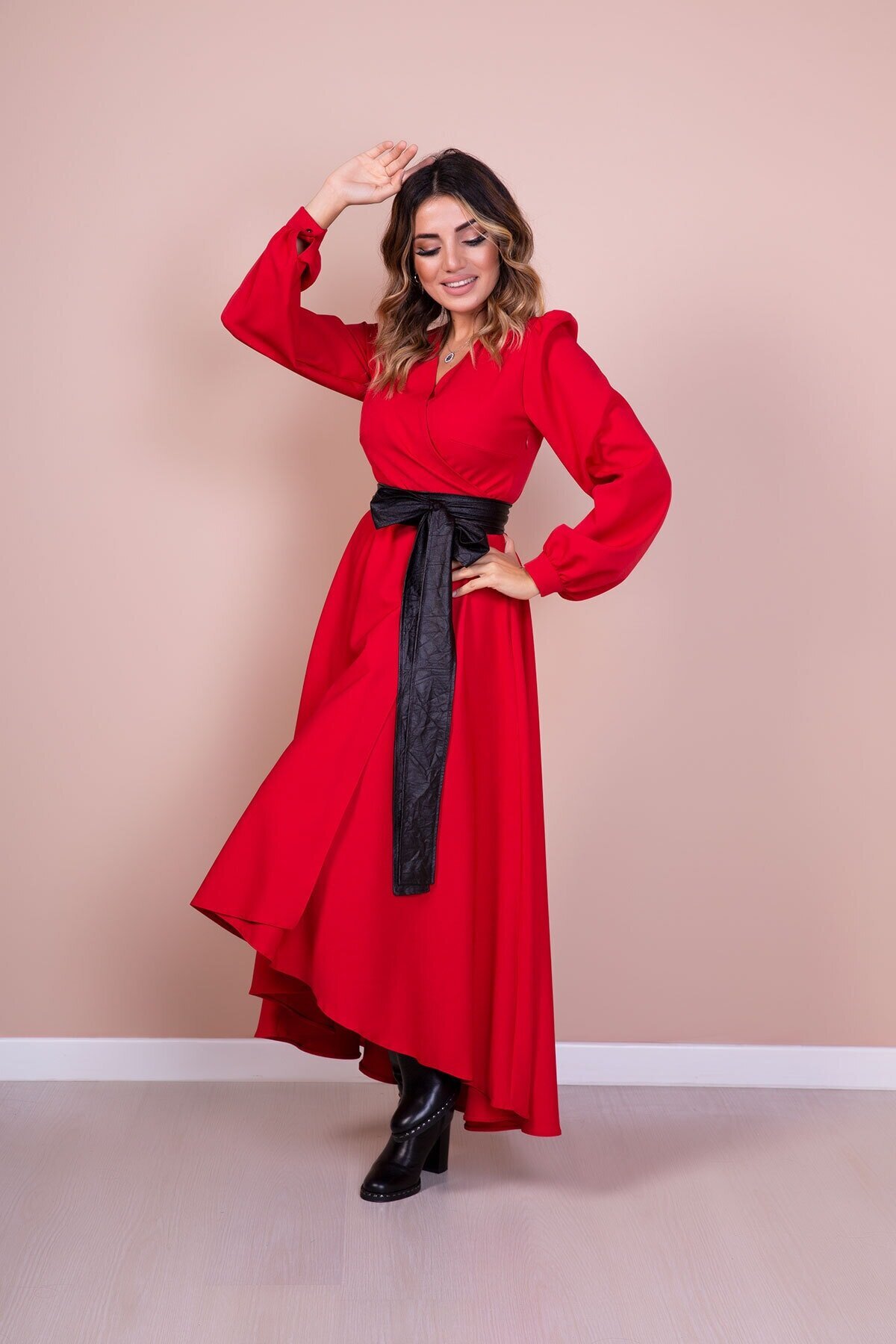 Long Sleeve Asymmetric Cut Leather Belted Modest Dress - Red - Bidoluelbise