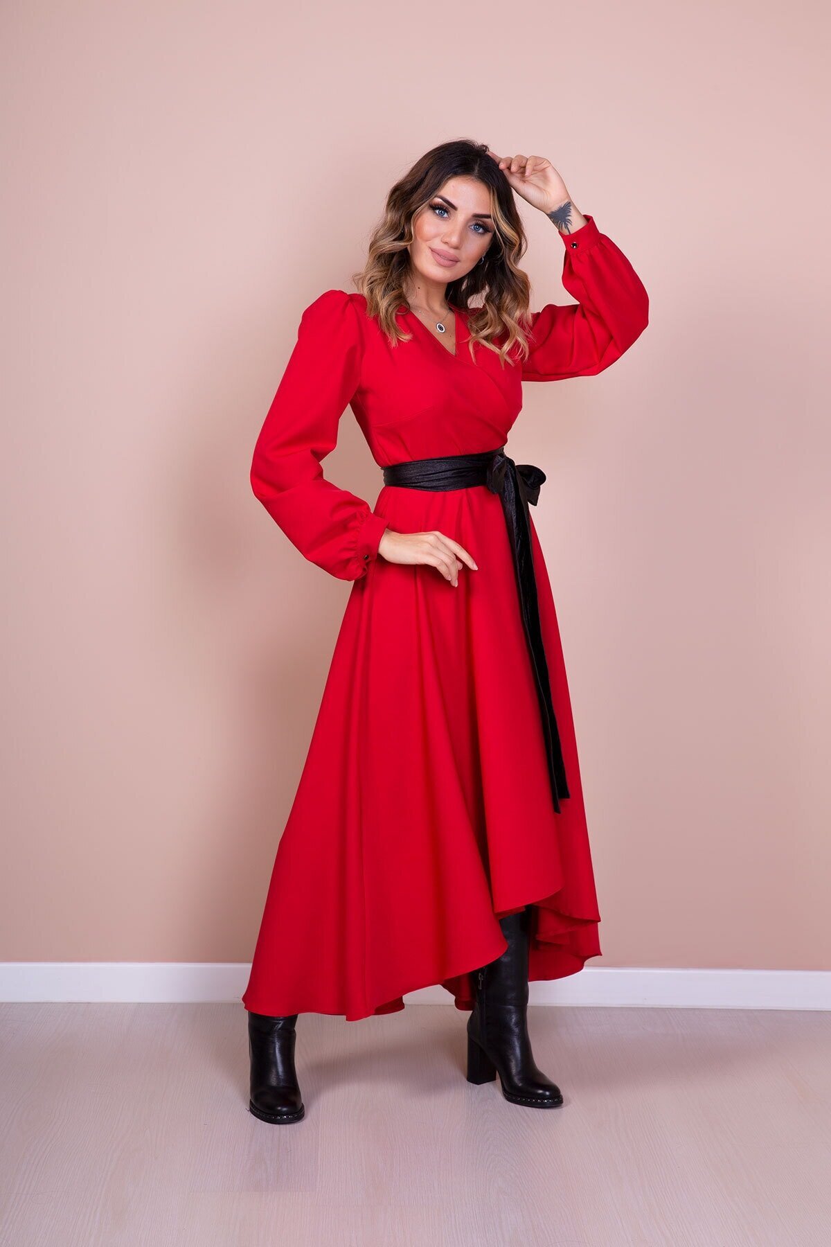 Long Sleeve Asymmetric Cut Leather Belted Modest Dress - Red - Bidoluelbise