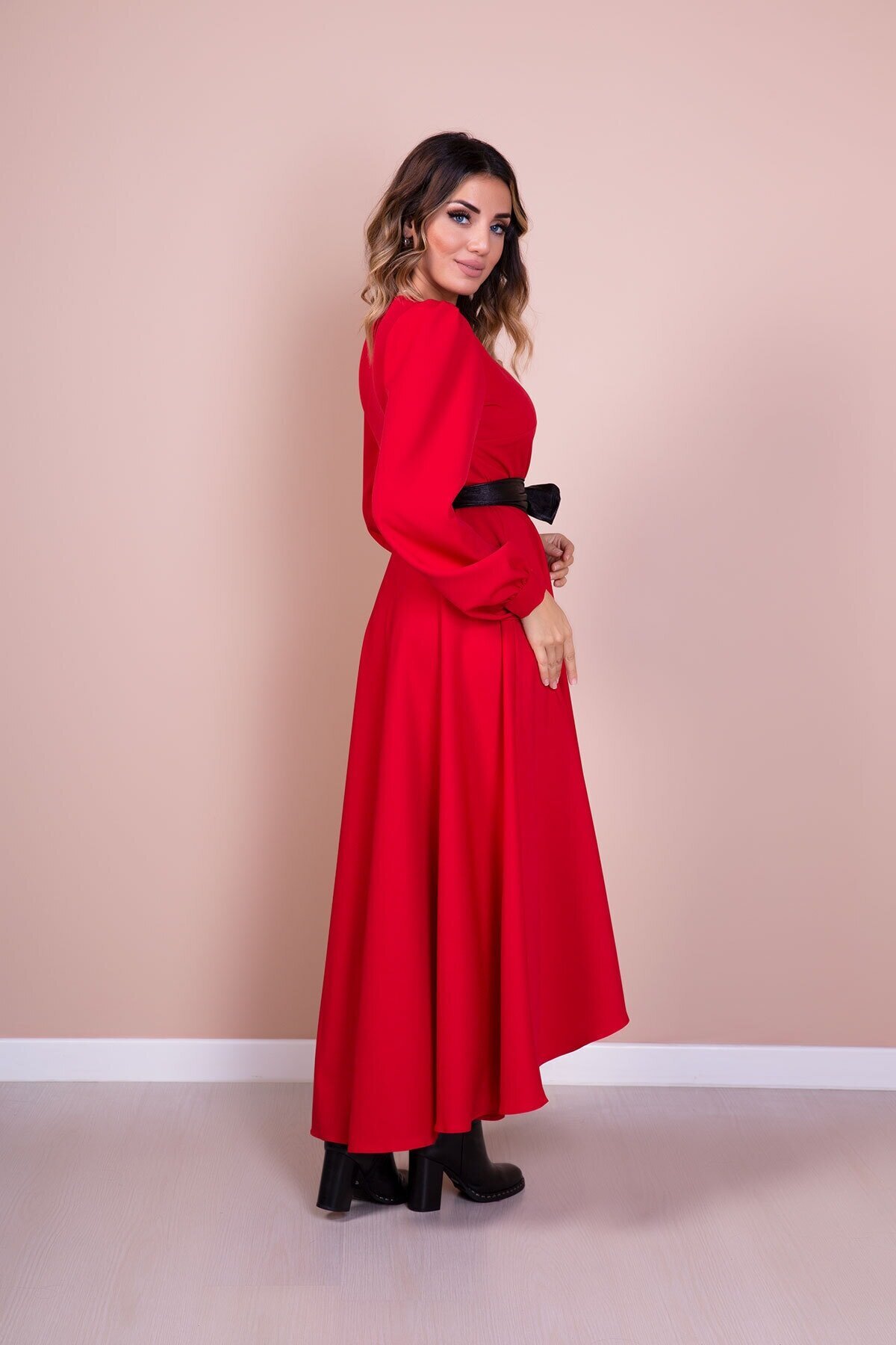 Long Sleeve Asymmetric Cut Leather Belted Modest Dress - Red - Bidoluelbise