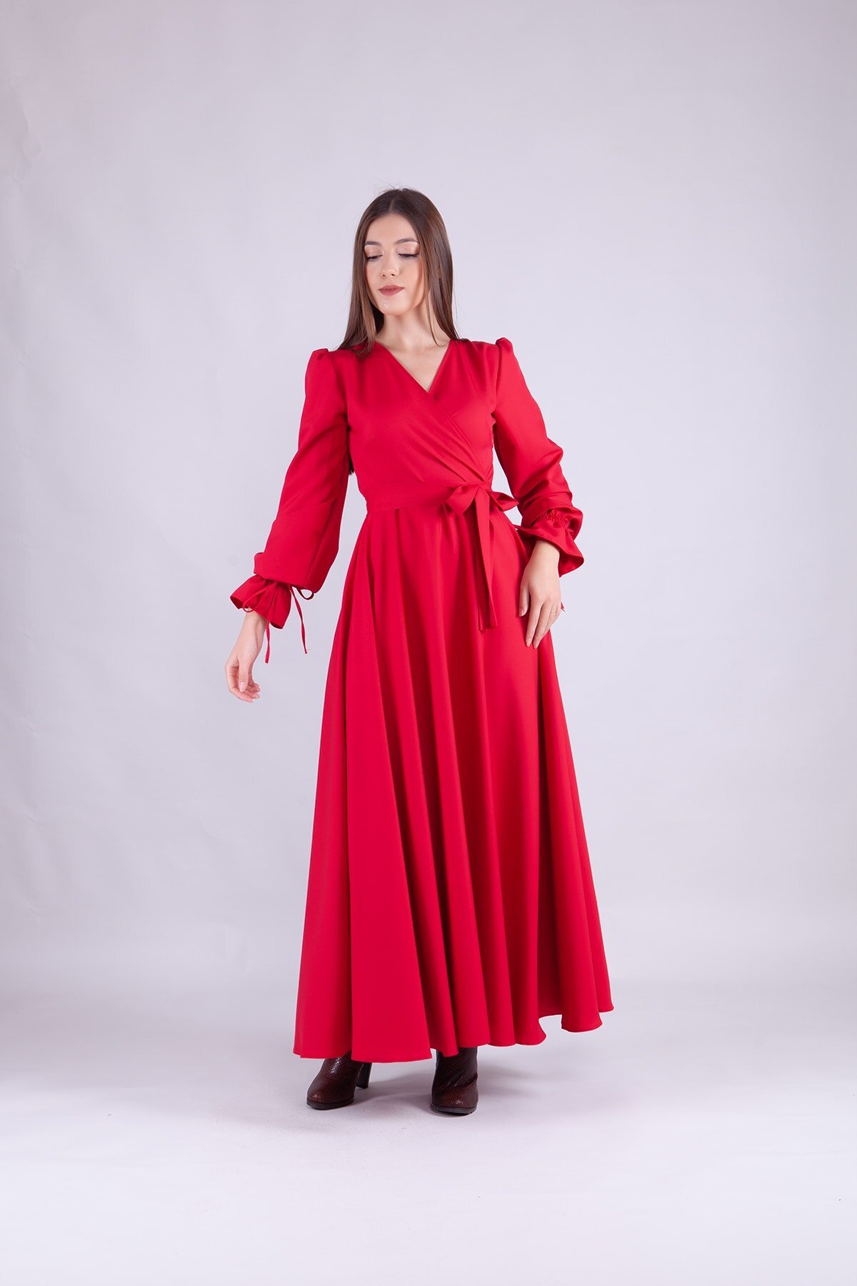Long-Sleeve Wrap Neck Modest Dress - Red - Bidoluelbise