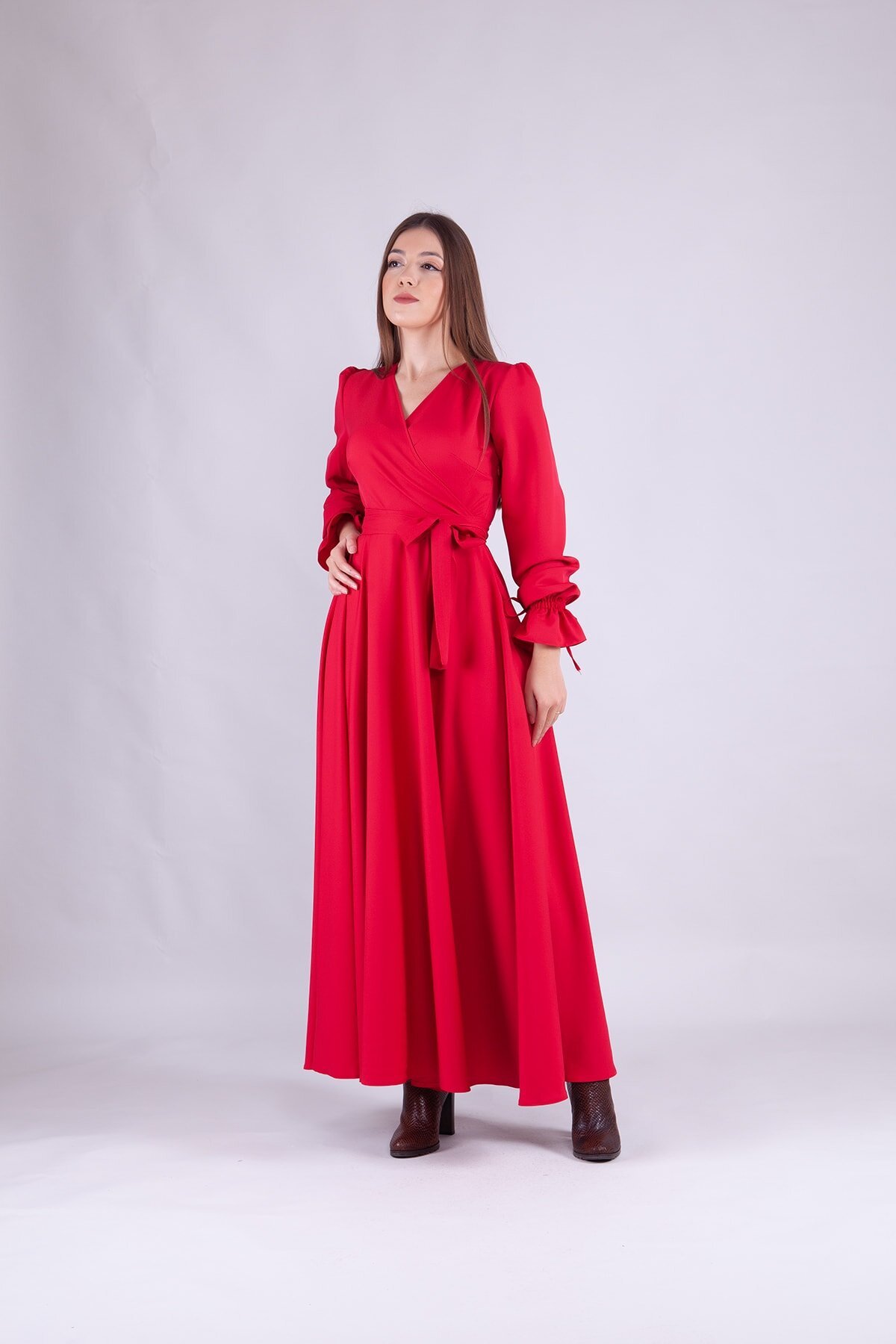Long-Sleeve Wrap Neck Modest Dress - Red - Bidoluelbise