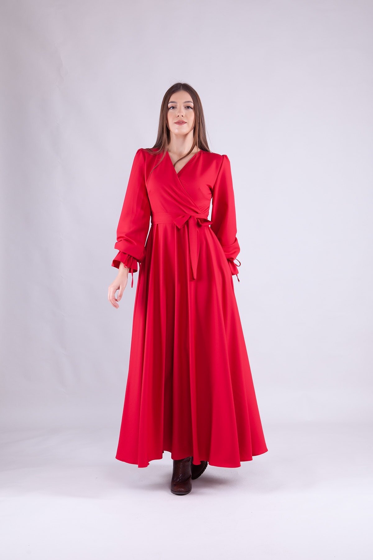 Long-Sleeve Wrap Neck Modest Dress - Red - Bidoluelbise