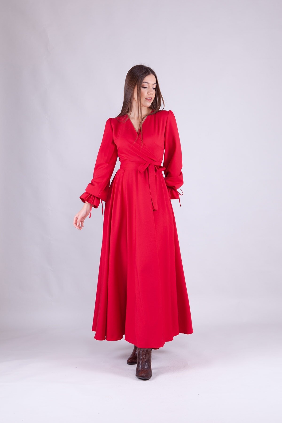 Long-Sleeve Wrap Neck Modest Dress - Red - Bidoluelbise