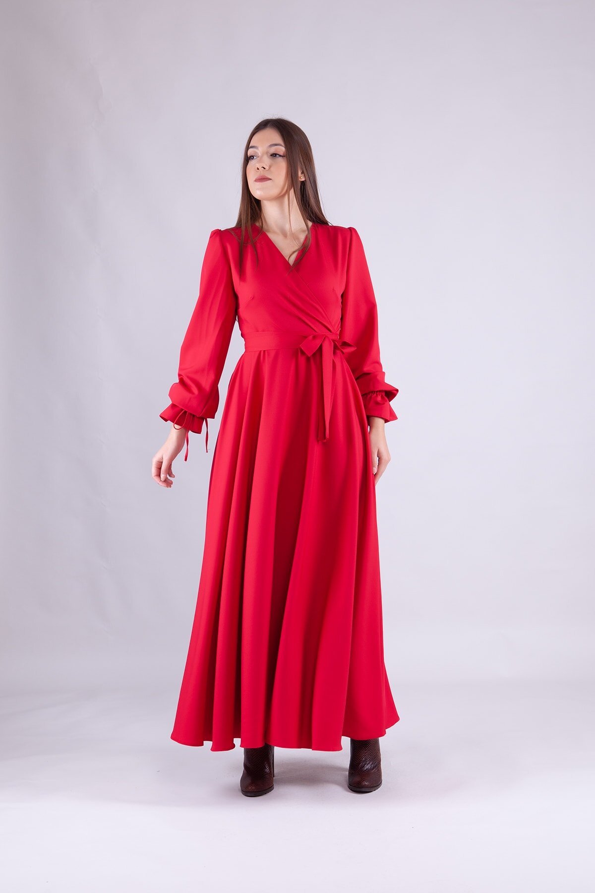 Long-Sleeve Wrap Neck Modest Dress - Red - Bidoluelbise