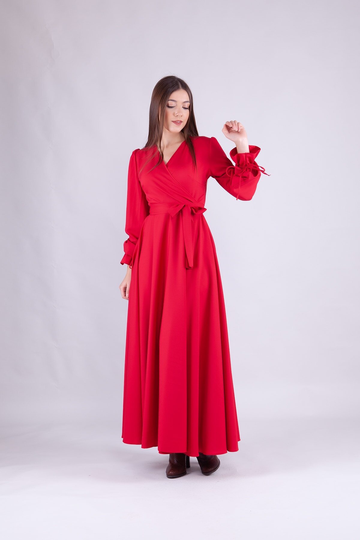 Long-Sleeve Wrap Neck Modest Dress - Red - Bidoluelbise