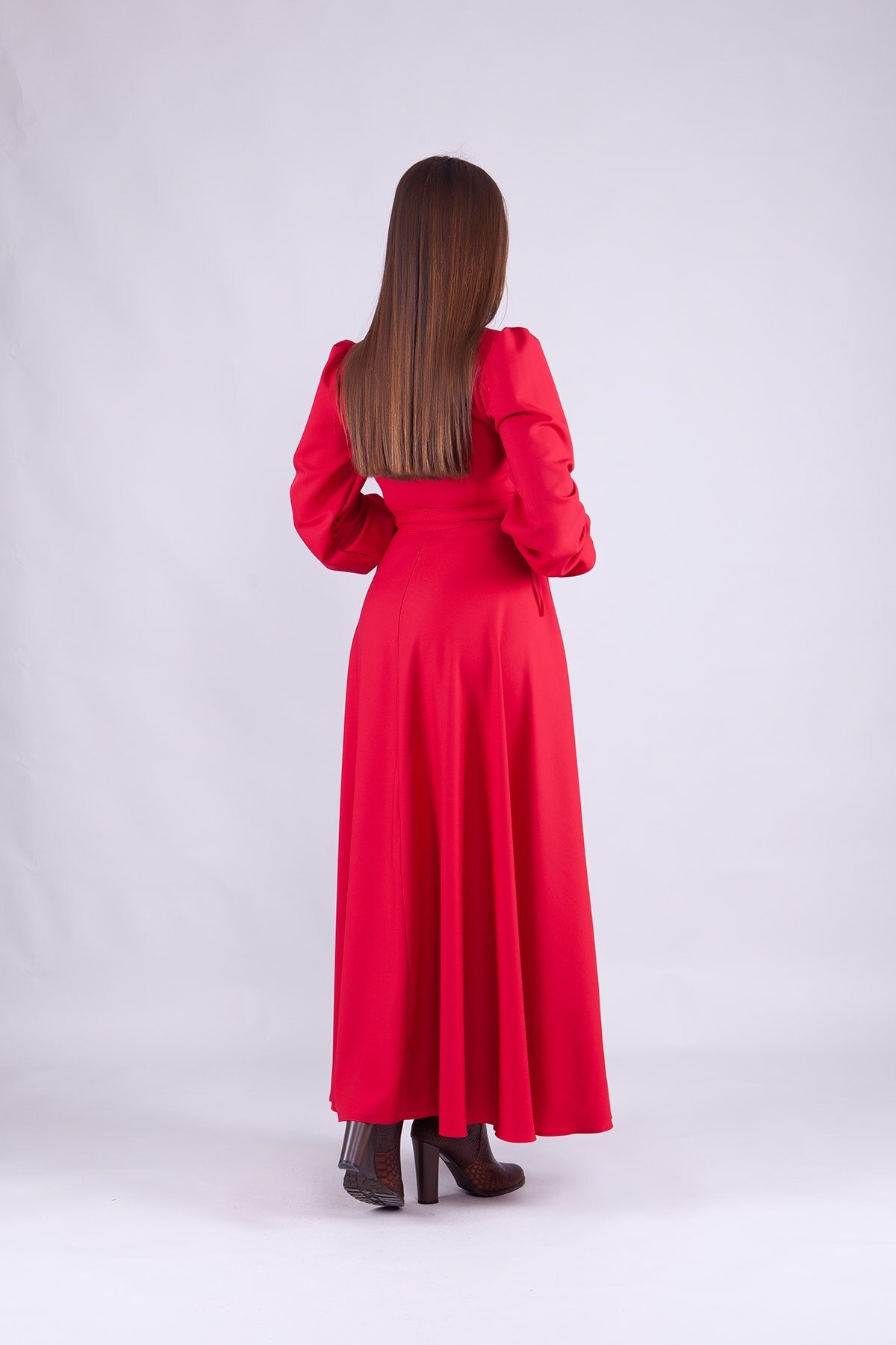 Long-Sleeve Wrap Neck Modest Dress - Red - Bidoluelbise