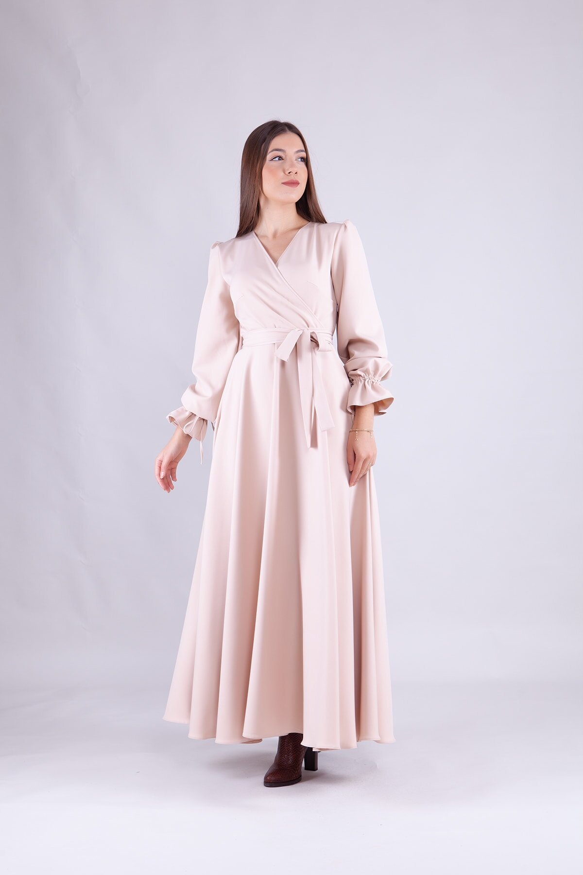 Long Sleeve Wrap Neck Modest Dress - Cream - Bidoluelbise