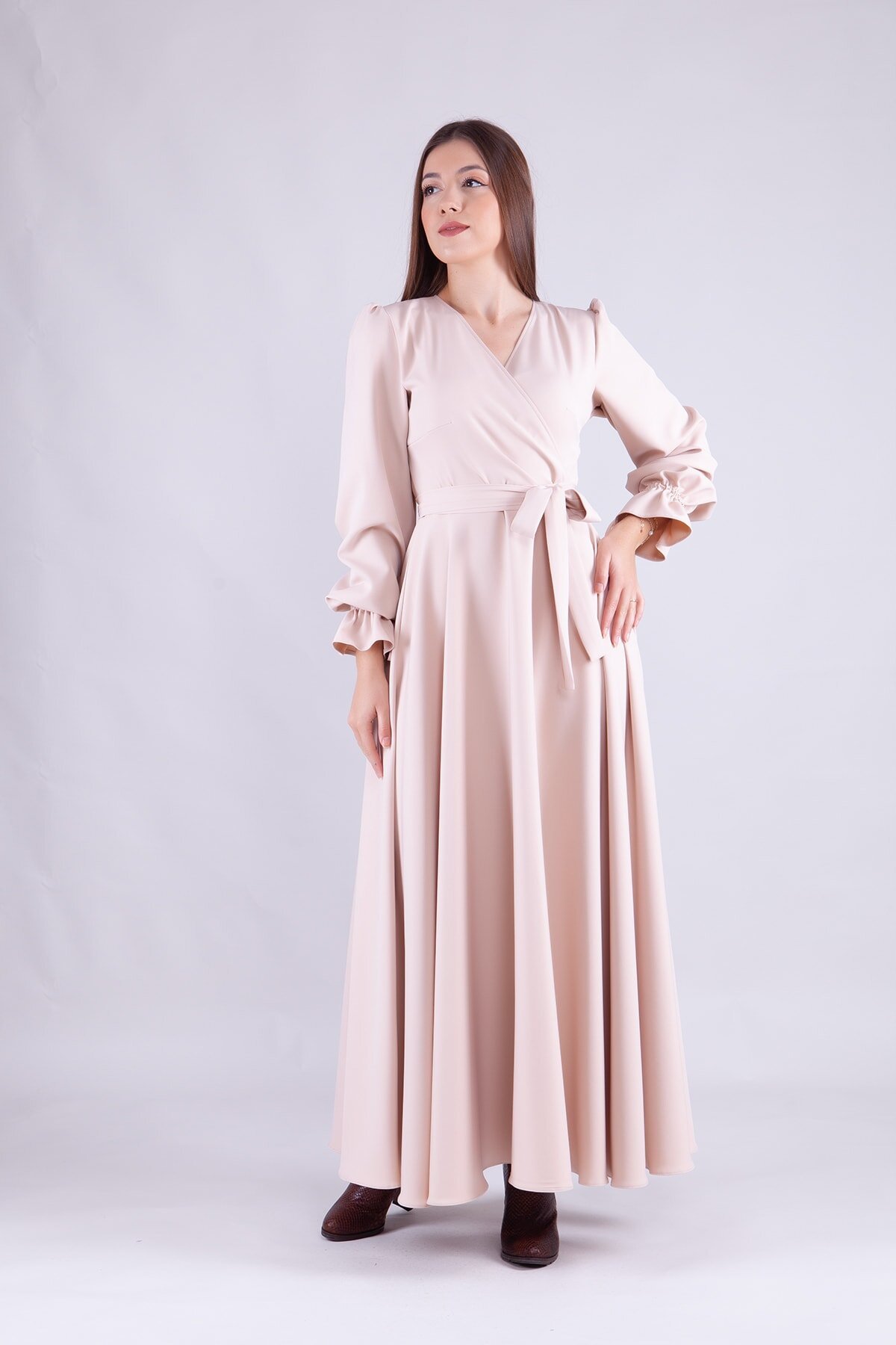 Long Sleeve Wrap Neck Modest Dress - Cream - Bidoluelbise