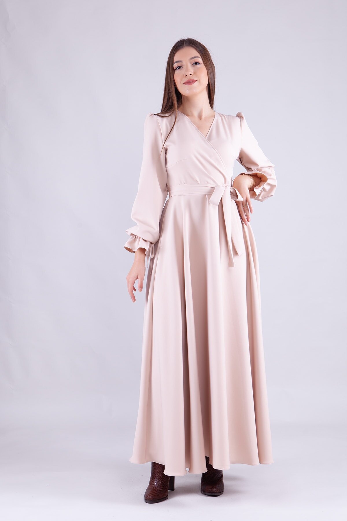Long Sleeve Wrap Neck Modest Dress - Cream - Bidoluelbise