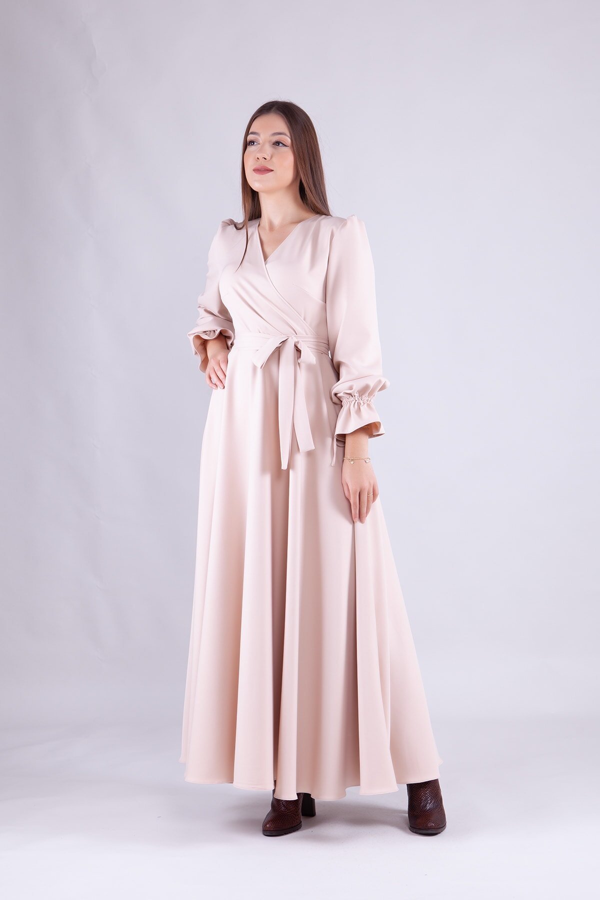 Long Sleeve Wrap Neck Modest Dress - Cream - Bidoluelbise