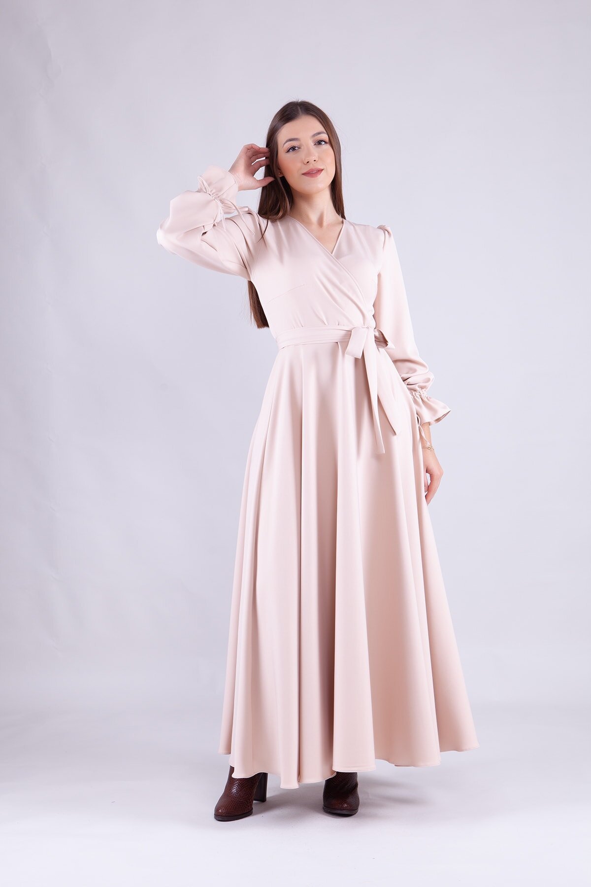 Long Sleeve Wrap Neck Modest Dress - Cream - Bidoluelbise