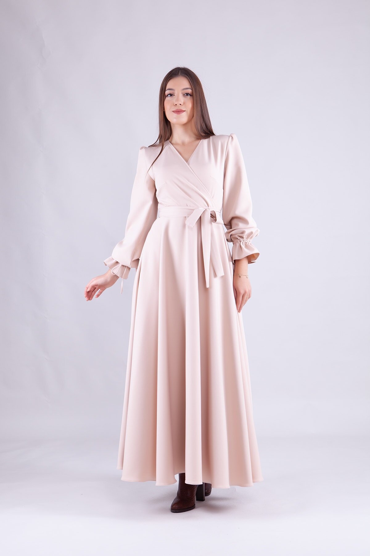 Long Sleeve Wrap Neck Modest Dress - Cream - Bidoluelbise