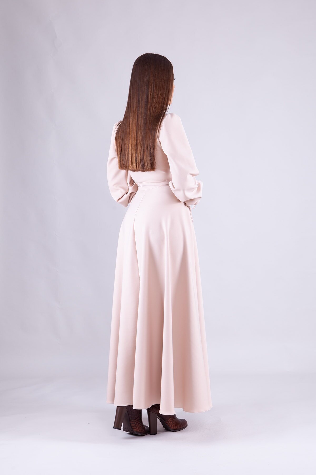 Long Sleeve Wrap Neck Modest Dress - Cream - Bidoluelbise