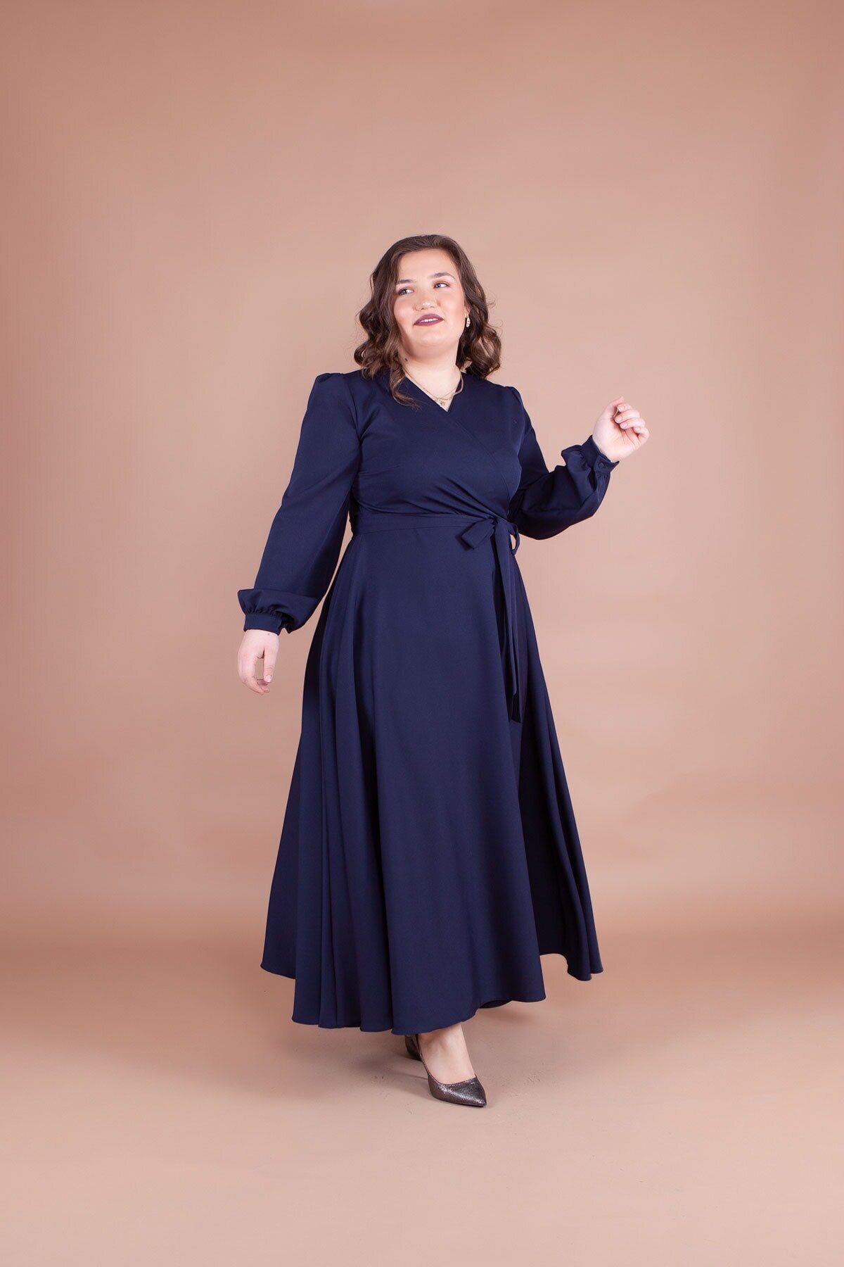 Plus Size Modest Evening Dress - Navy Blue - Bidoluelbise