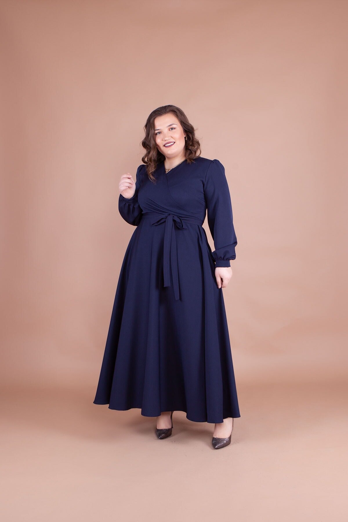 Plus Size Modest Evening Dress - Navy Blue - Bidoluelbise